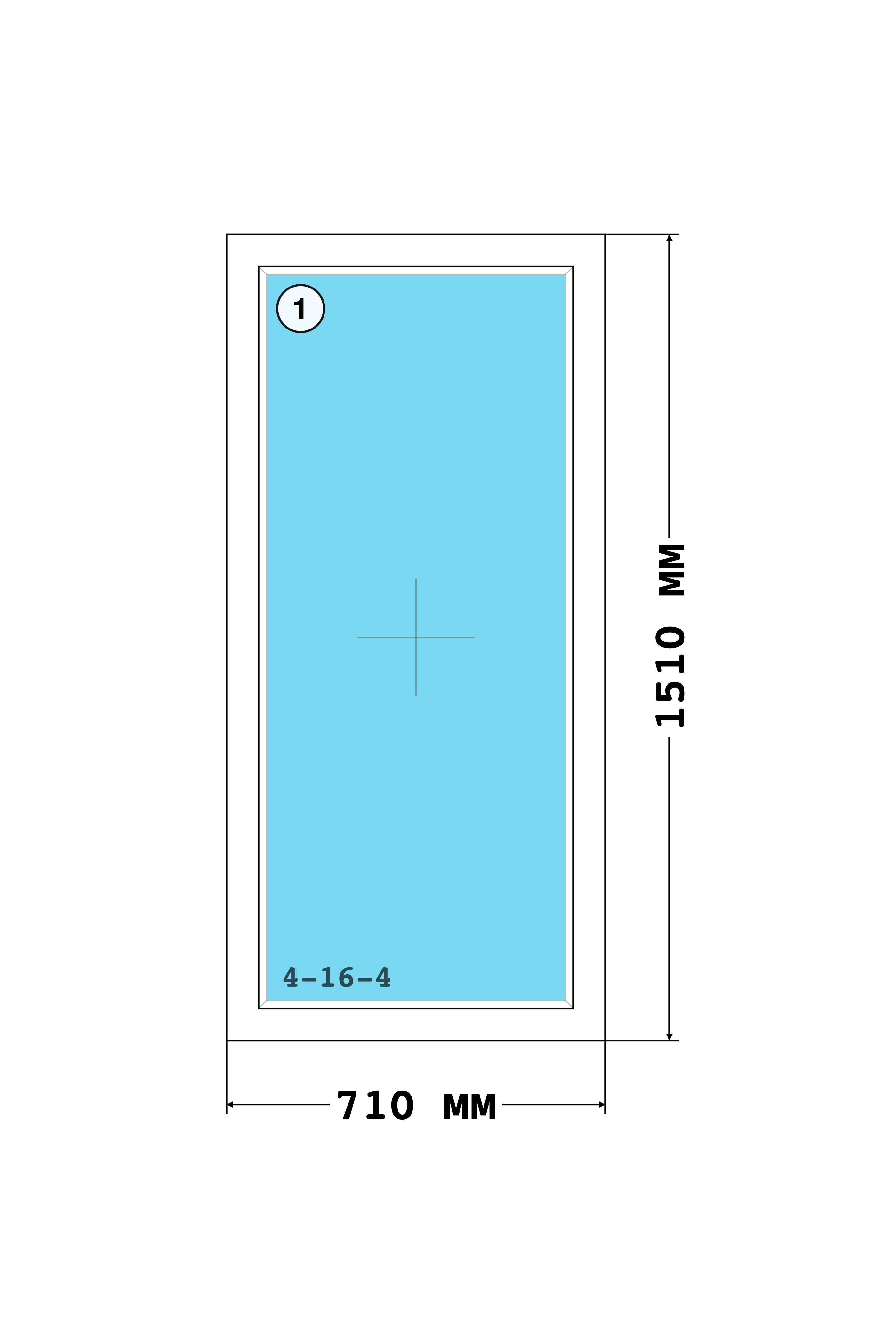 Эскиз конструкции Окно 710×1510, Melke Lite 60, Vorne, Белый, 710 × 1 510 мм, секции 1