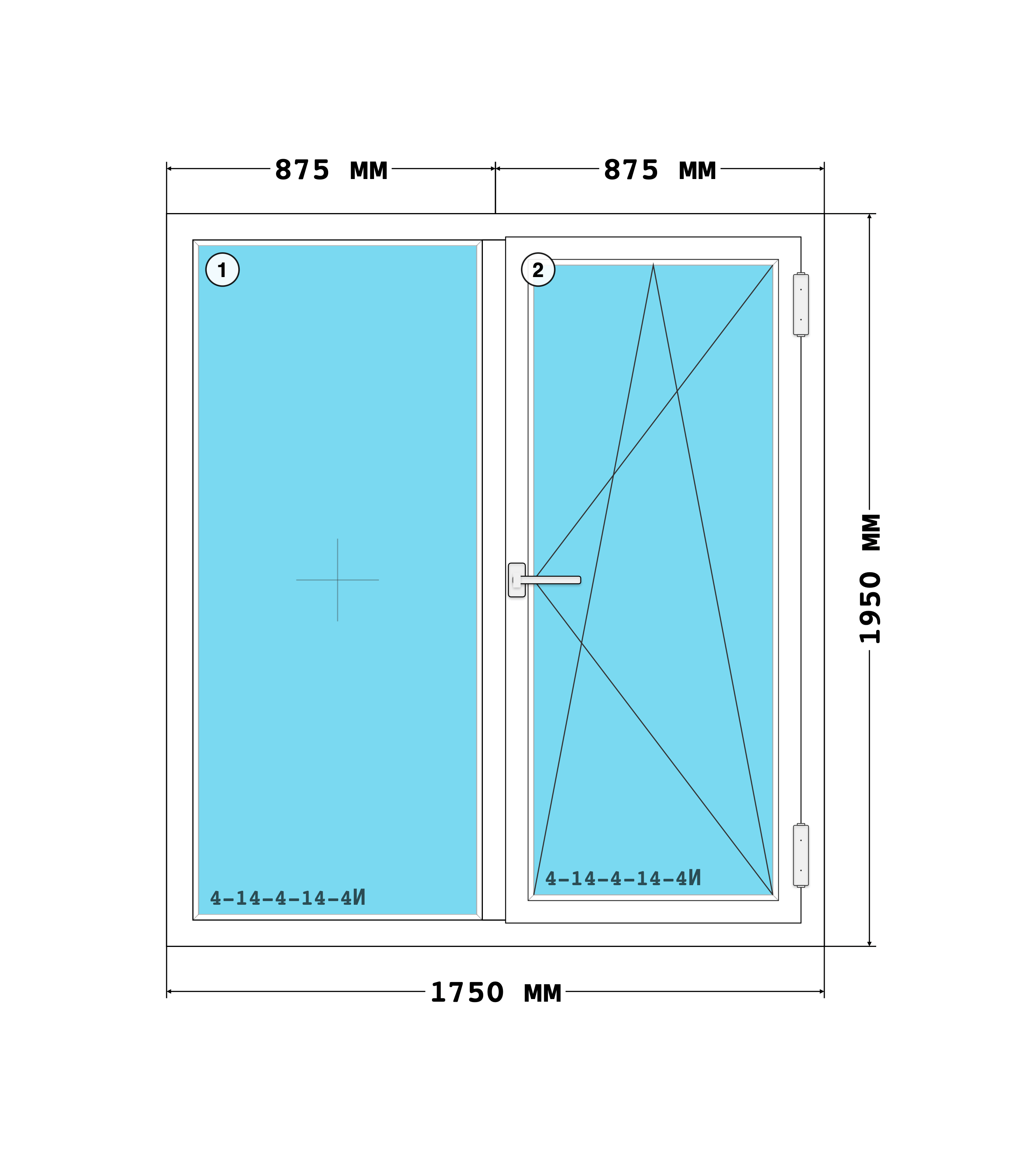 Эскиз конструкции Окно 1750×1950, Melke Lite 70, Roto NX, Белый, размер по раме 1 750 × 1 950 мм, с номерами секций 1, 2