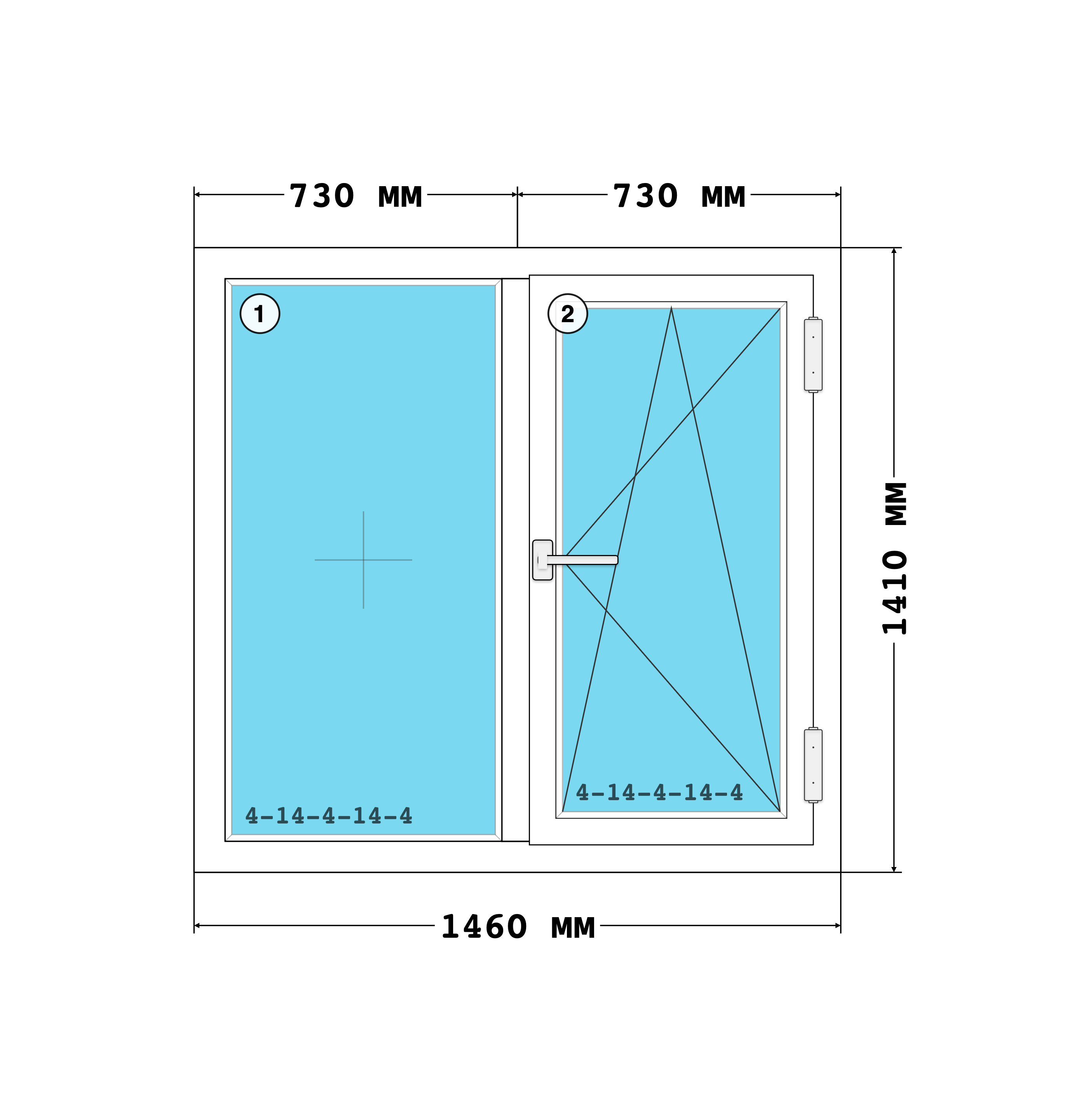 Эскиз конструкции Окно 1460×1410, Rehau Grazio 70, Futuruss, Снаружи: Ледяной серый KADF8-Z8 · внутри: Белый, 1 460 × 1 410 мм, секции 1, 2