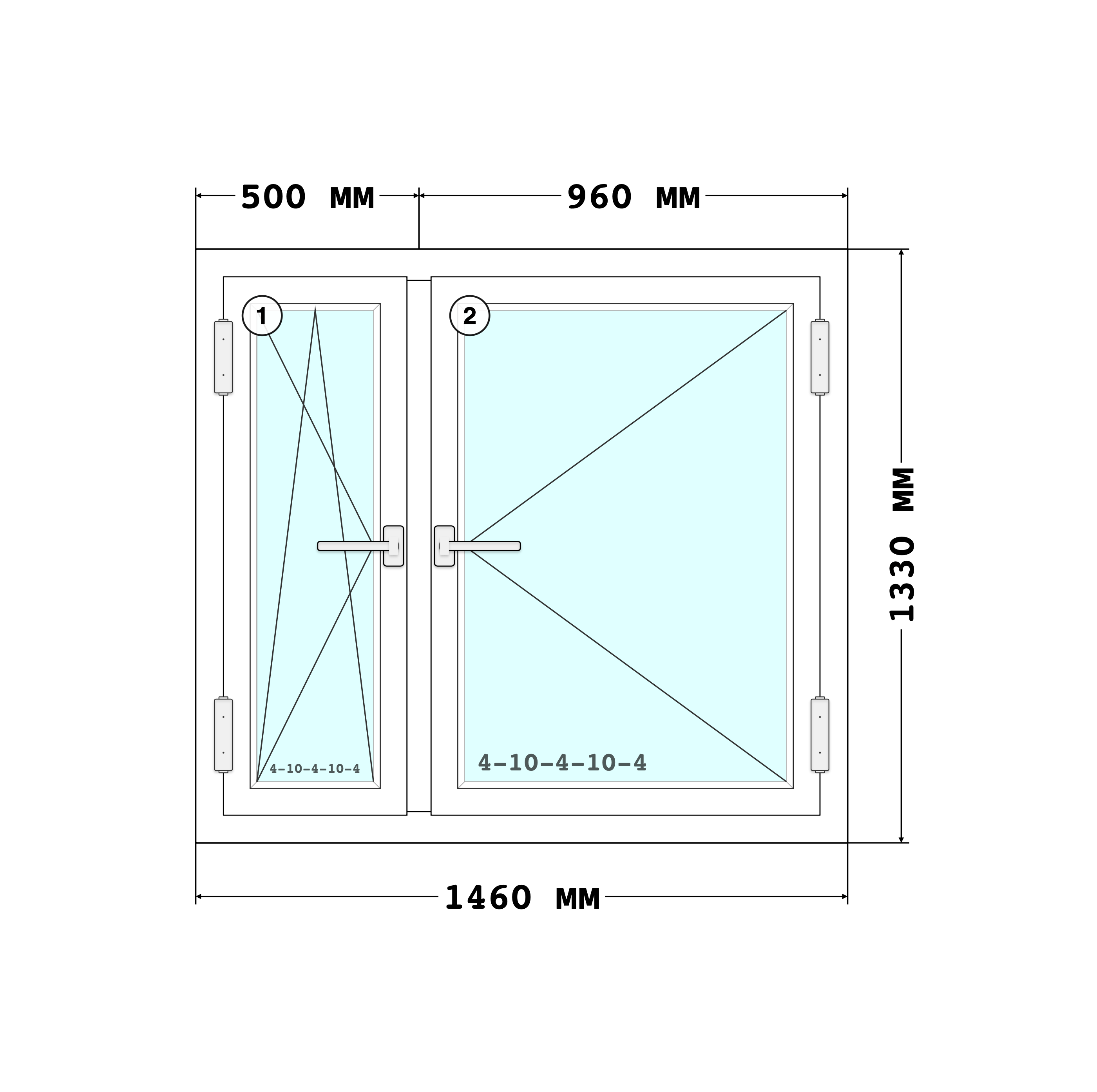 Эскиз конструкции Окно 1460×1330, Rehau Grazio 70, Roto NT, Белый, 1 460 × 1 330 мм, секции 1, 2