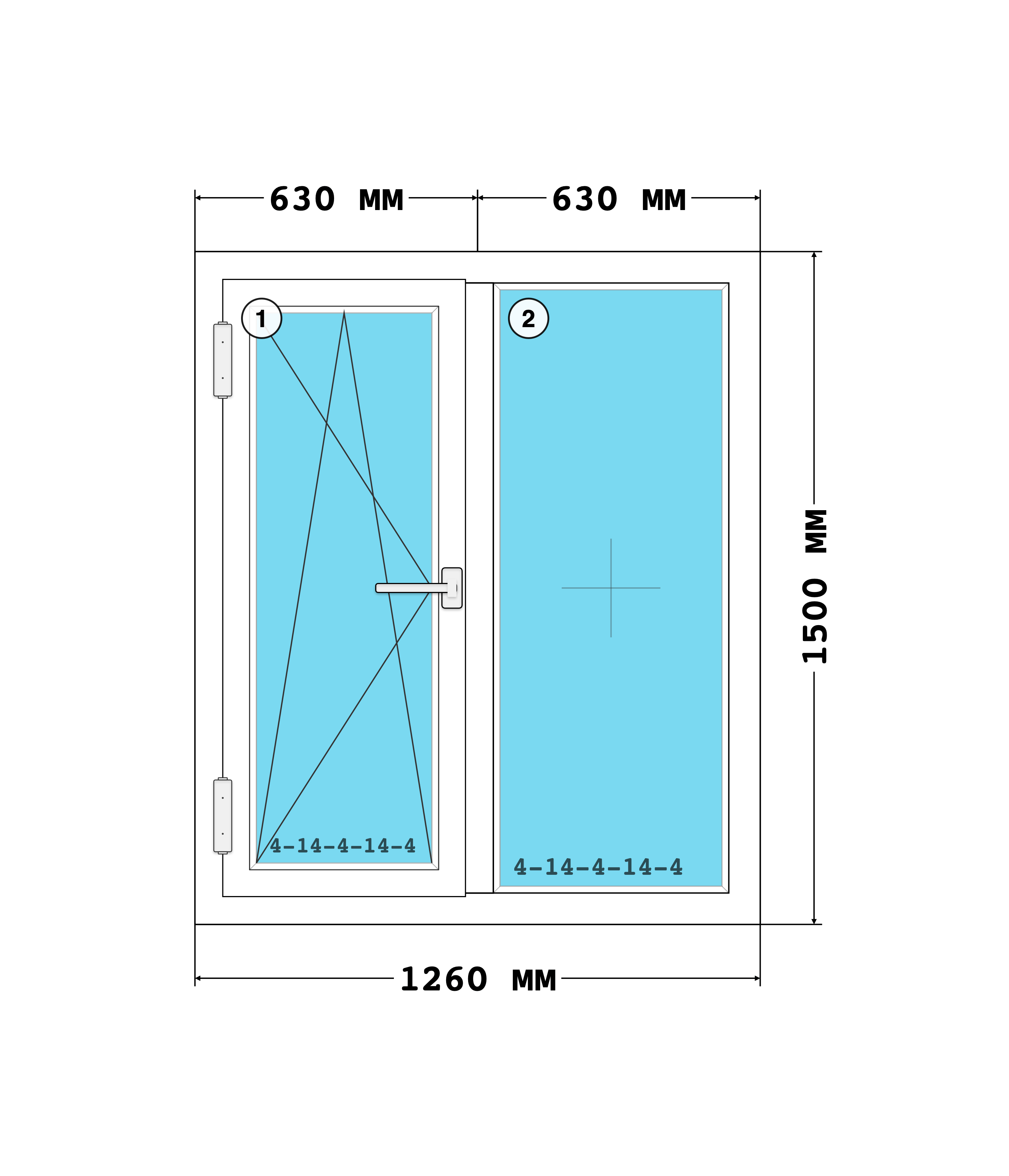 Эскиз конструкции Окно 1260×1500, Melke Lite 70, Roto NX, Белый, 1 260 × 1 500 мм, секции 1, 2