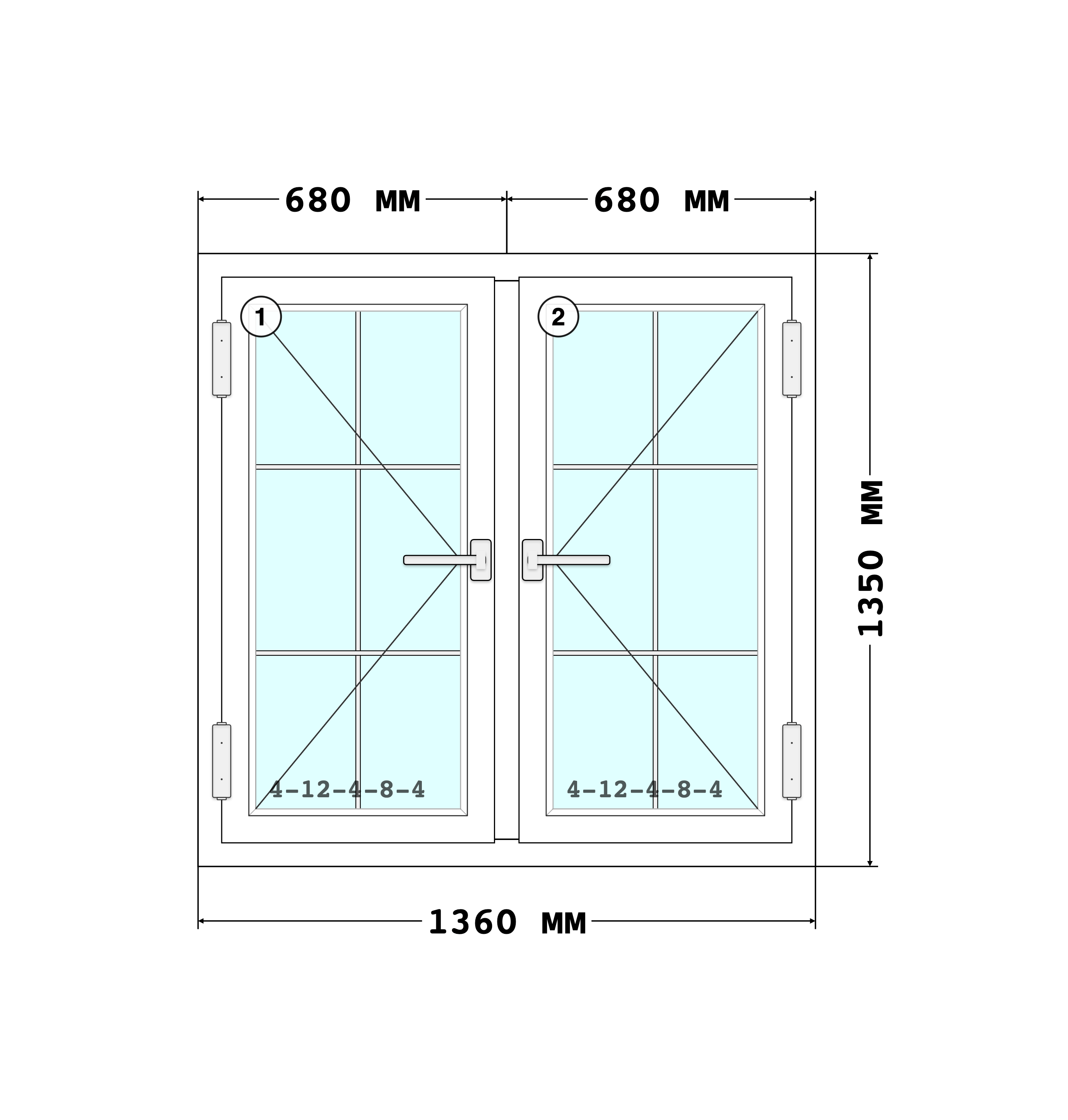 Эскиз конструкции Окно 1360×1350, Rehau Blitz 60, Futuruss, Белый, 1 360 × 1 350 мм, секции 1, 2