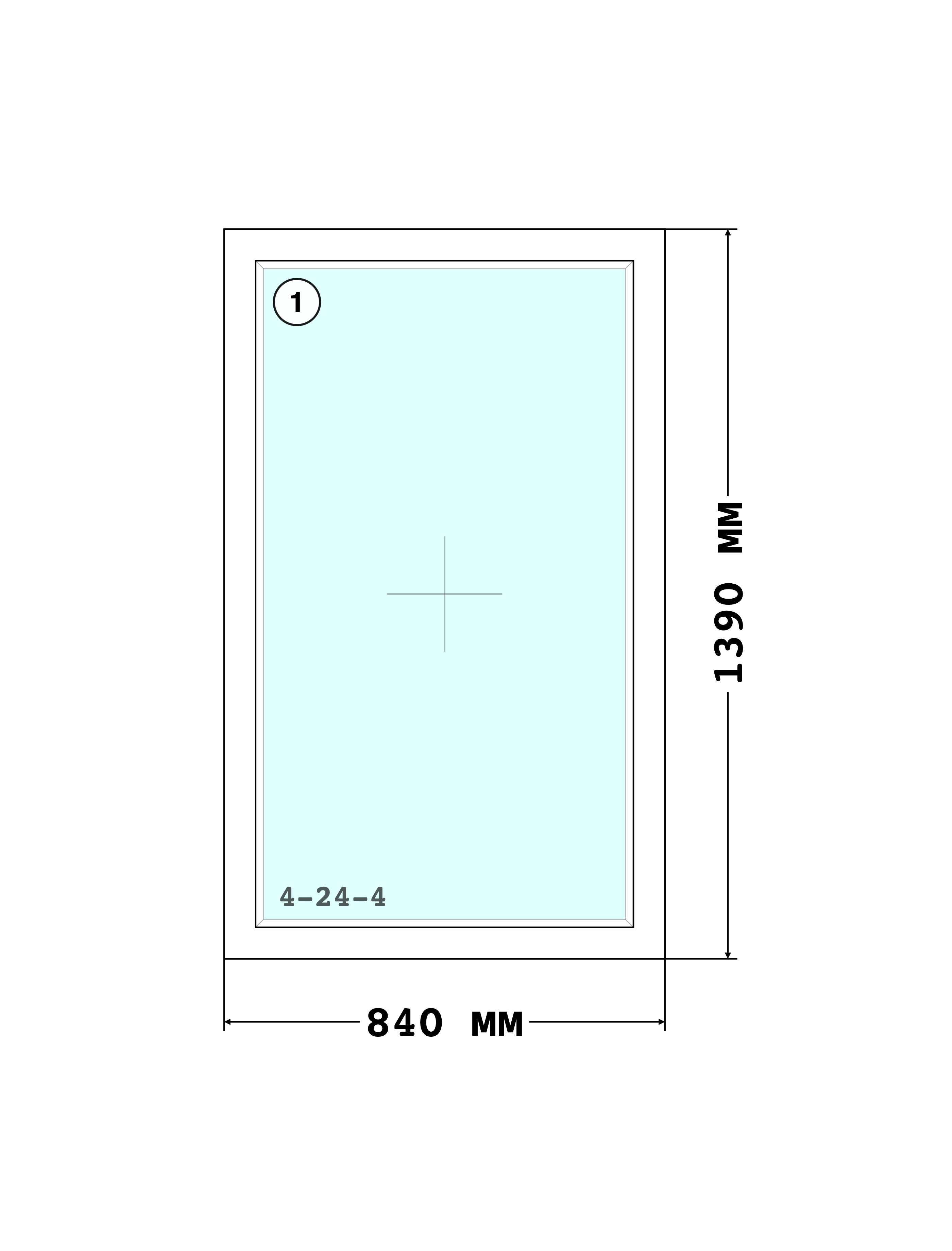 Эскиз конструкции Окно 840×1390, Rehau Blitz 60, Roto NT, Белый, 840 × 1 390 мм, секции 1