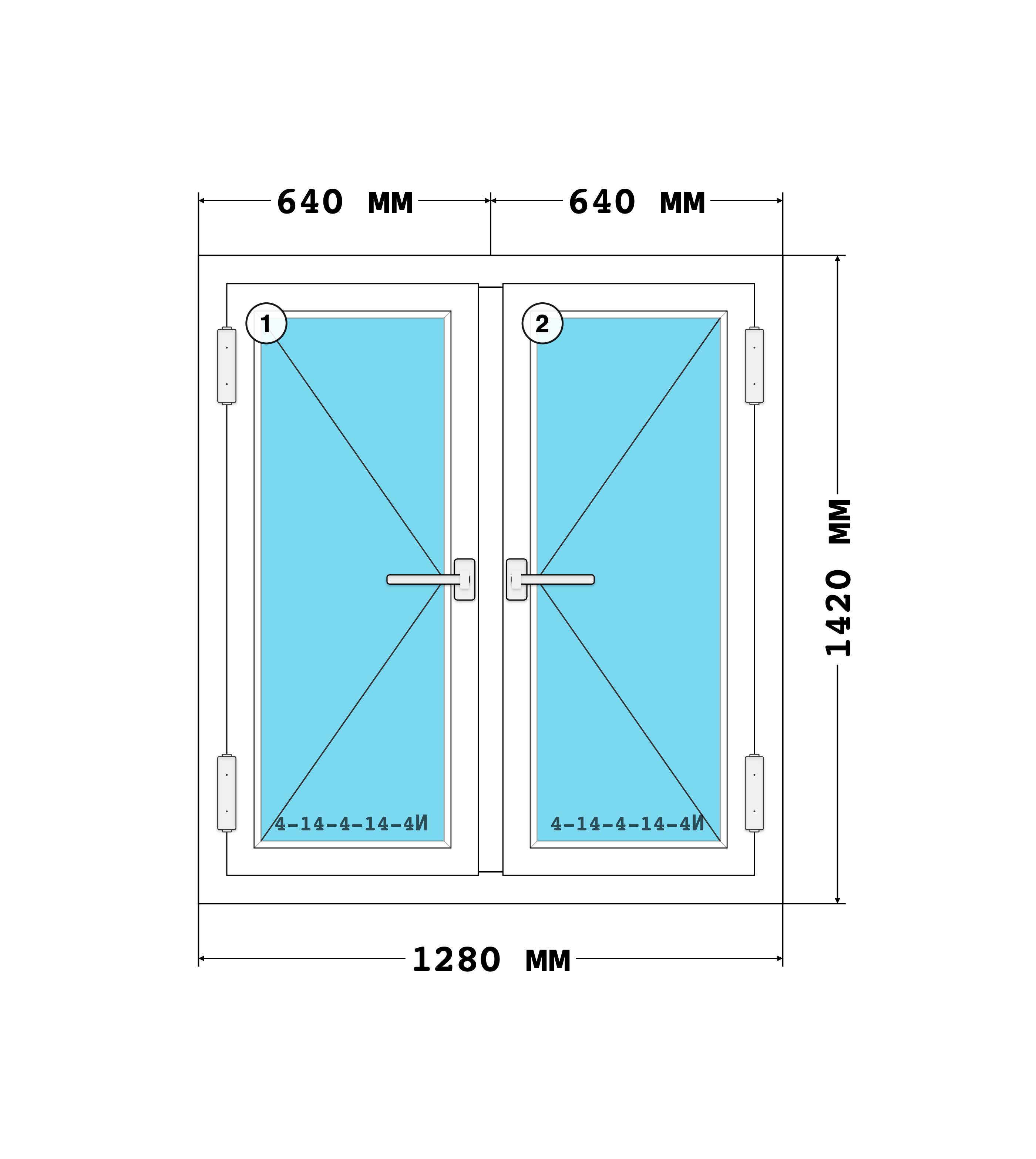 Эскиз конструкции Окно 1280×1420, Melke Lite 70, Roto NX, Белый, 1 280 × 1 420 мм, секции 1, 2