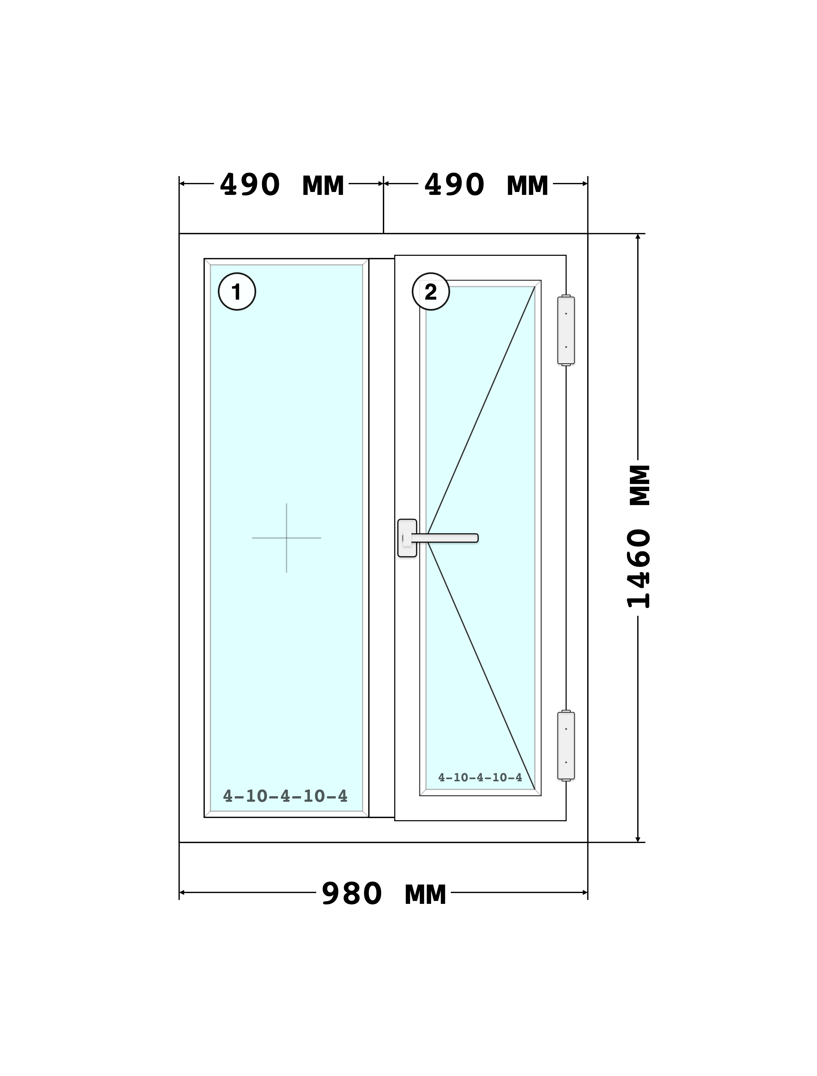 Эскиз конструкции Окно 980×1460, Rehau Blitz 60, Roto NT, Белый, 980 × 1 460 мм, секции 1, 2