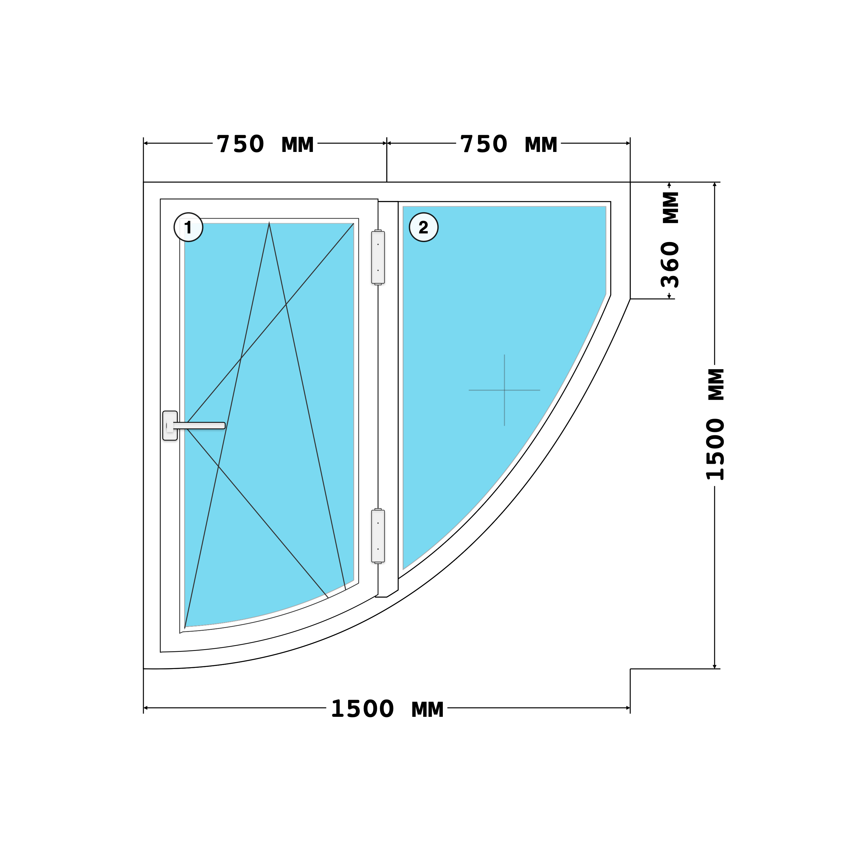 Эскиз конструкции Окно 1500×1500, Melke Lite 60, Roto NX, Белый, 1 500 × 1 500 мм, секции 1, 2