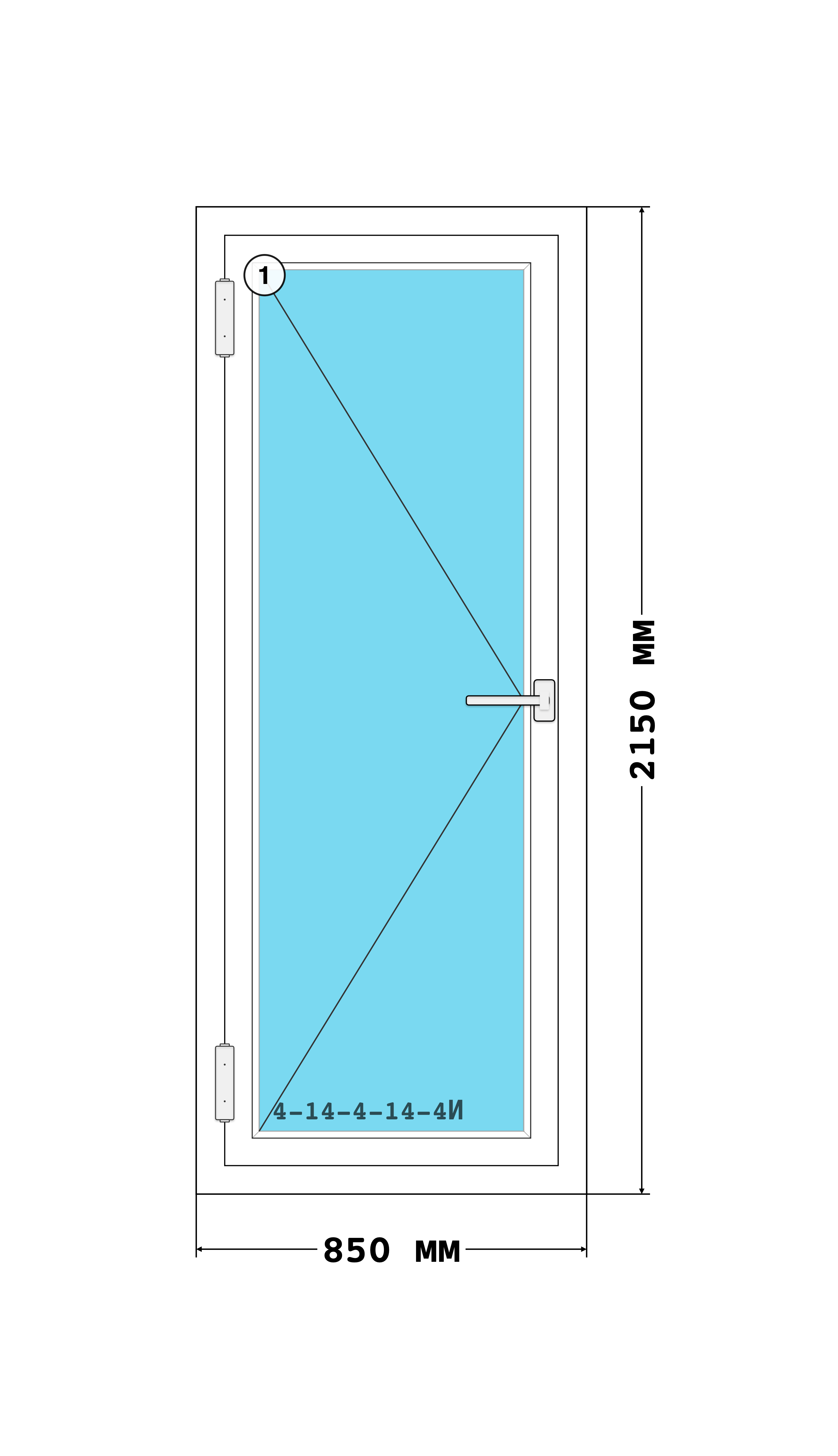 Эскиз конструкции Балконная дверь 850×2150, Melke Lite 70, Roto NX, Белый, размер по раме 850 × 2 150 мм, с номерами секций 1
