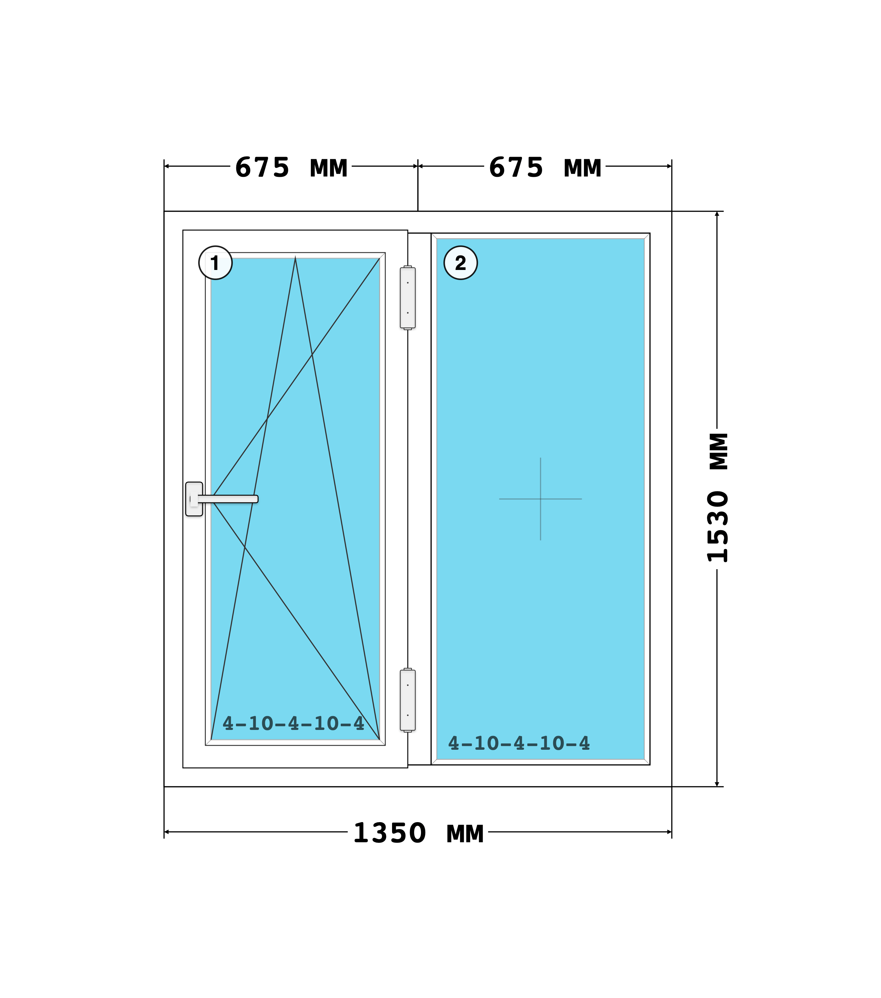 Эскиз конструкции Окно 1350×1530, KBE 58, Roto NT, Белый, размер по раме 1 350 × 1 530 мм, с номерами секций 1, 2