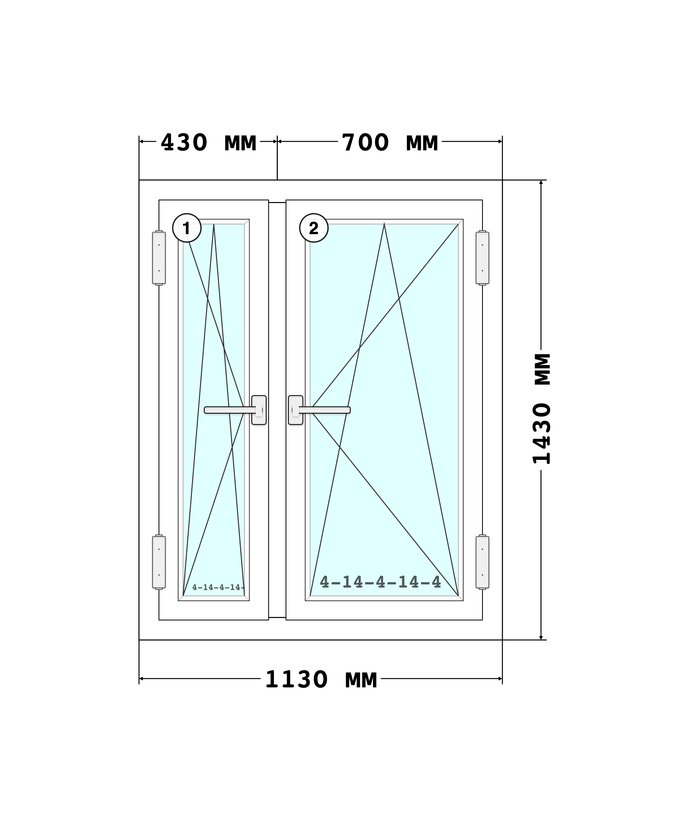 Эскиз конструкции Окно 1130×1430, Rehau Grazio 70, Roto NT, Белый, 1 130 × 1 430 мм, секции 1, 2