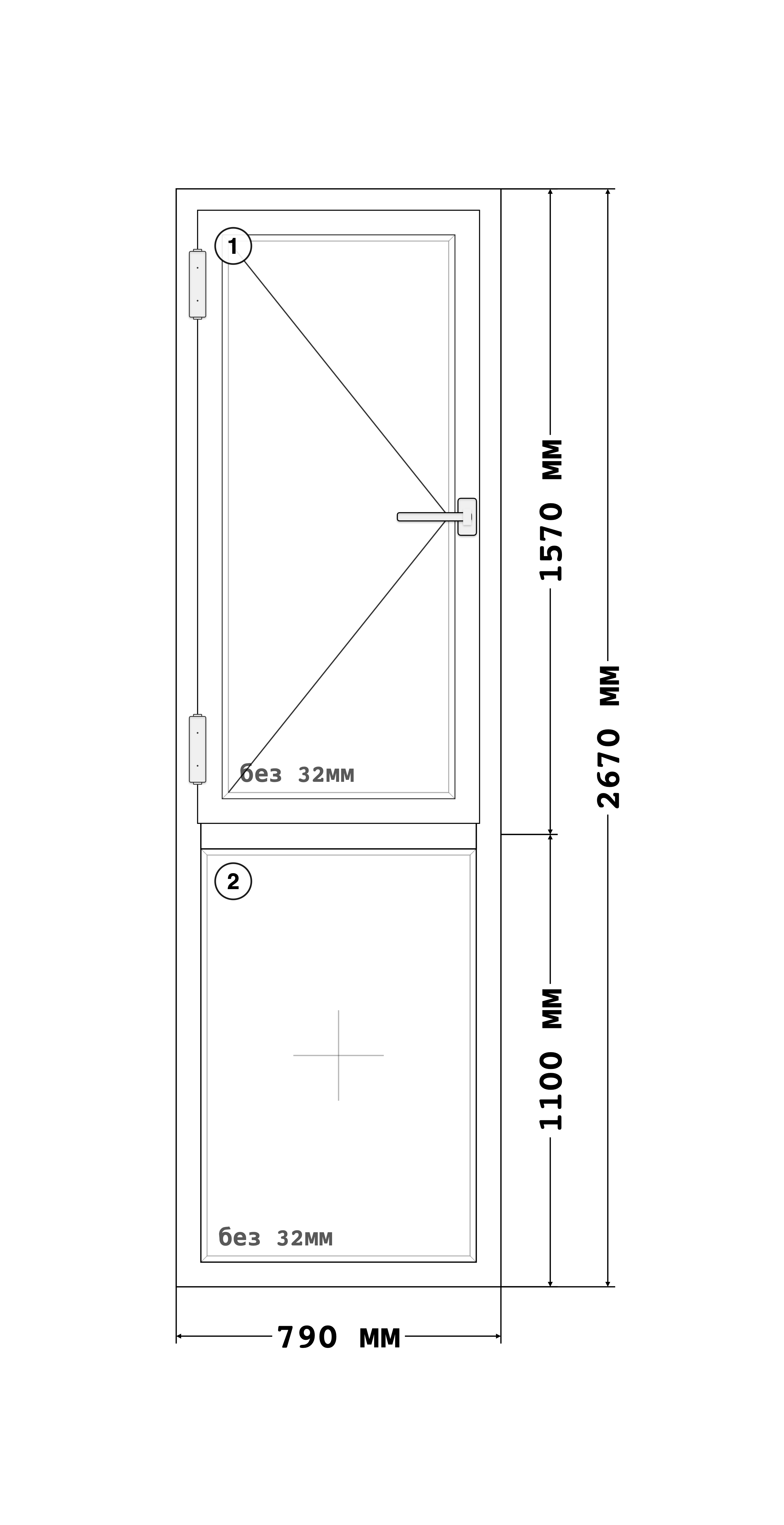 Эскиз конструкции Окно 790×2670, Rehau Blitz 60, Roto NT, Белый, 790 × 2 670 мм, секции 1, 2