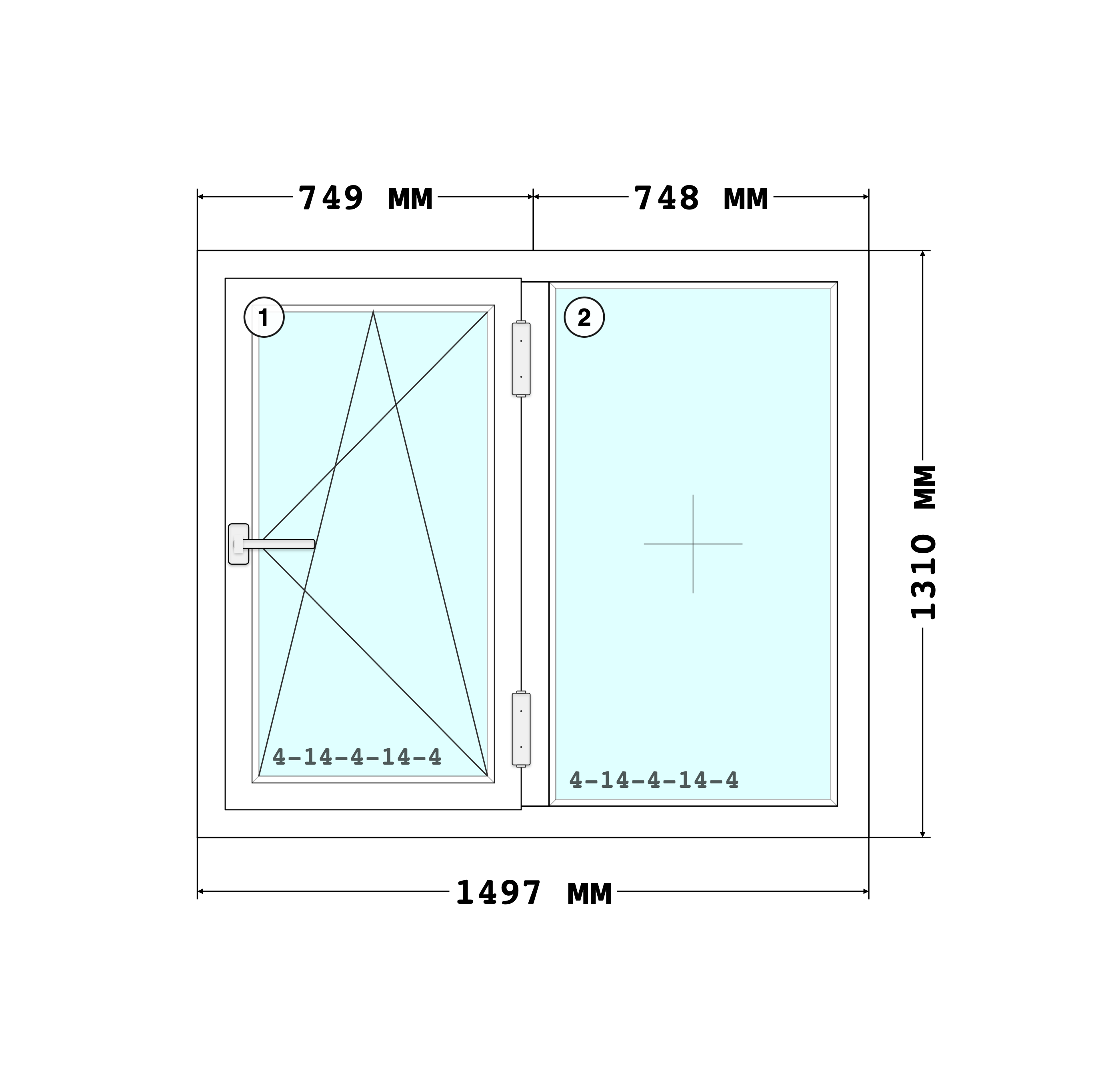 Эскиз конструкции Окно 1497×1310, Rehau Grazio 70, Roto NT, Белый, 1 497 × 1 310 мм, секции 1, 2