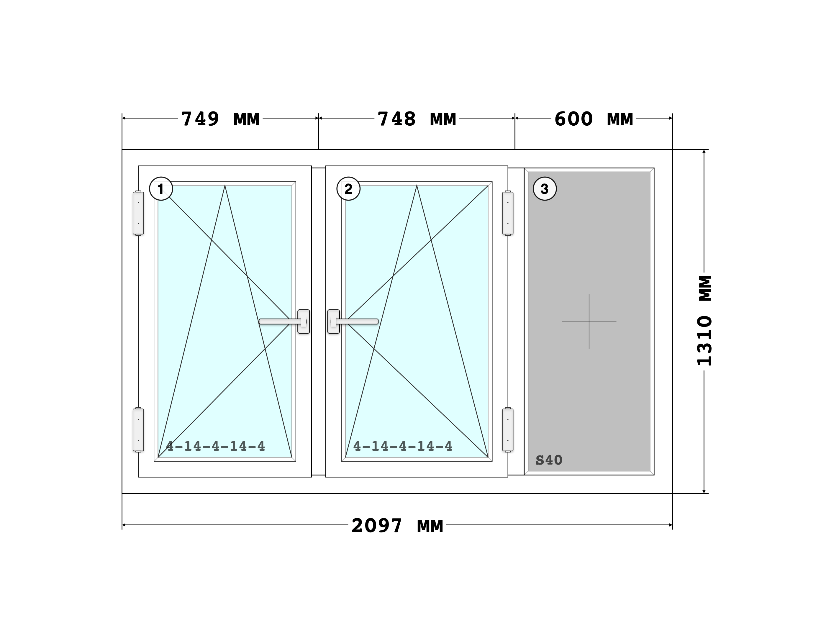 Эскиз конструкции Окно 2097×1310, Rehau Grazio 70, Roto NT, Белый, 2 097 × 1 310 мм, секции 1, 2, 3