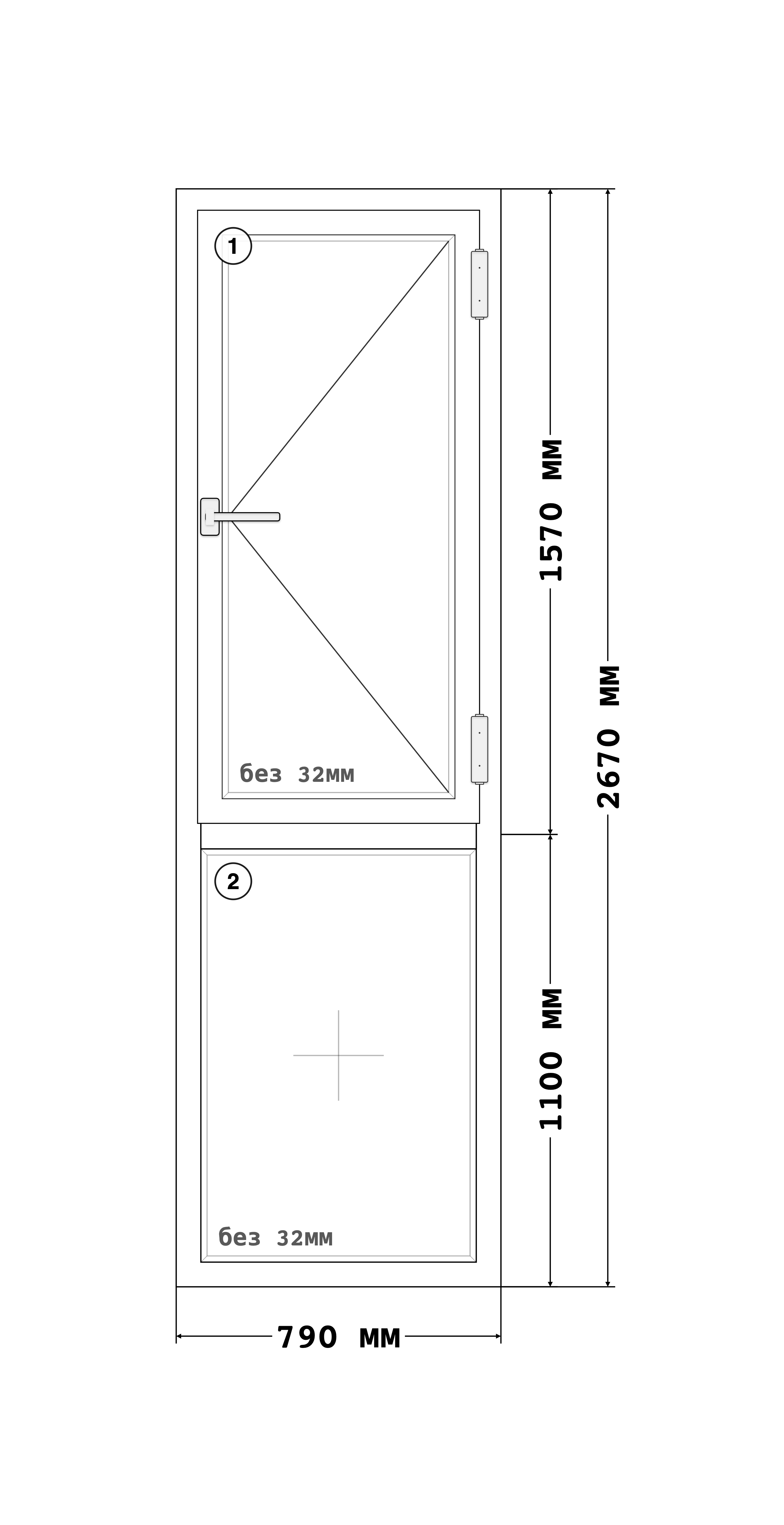 Эскиз конструкции Окно 790×2670, Rehau Blitz 60, Roto NT, Белый, 790 × 2 670 мм, секции 1, 2
