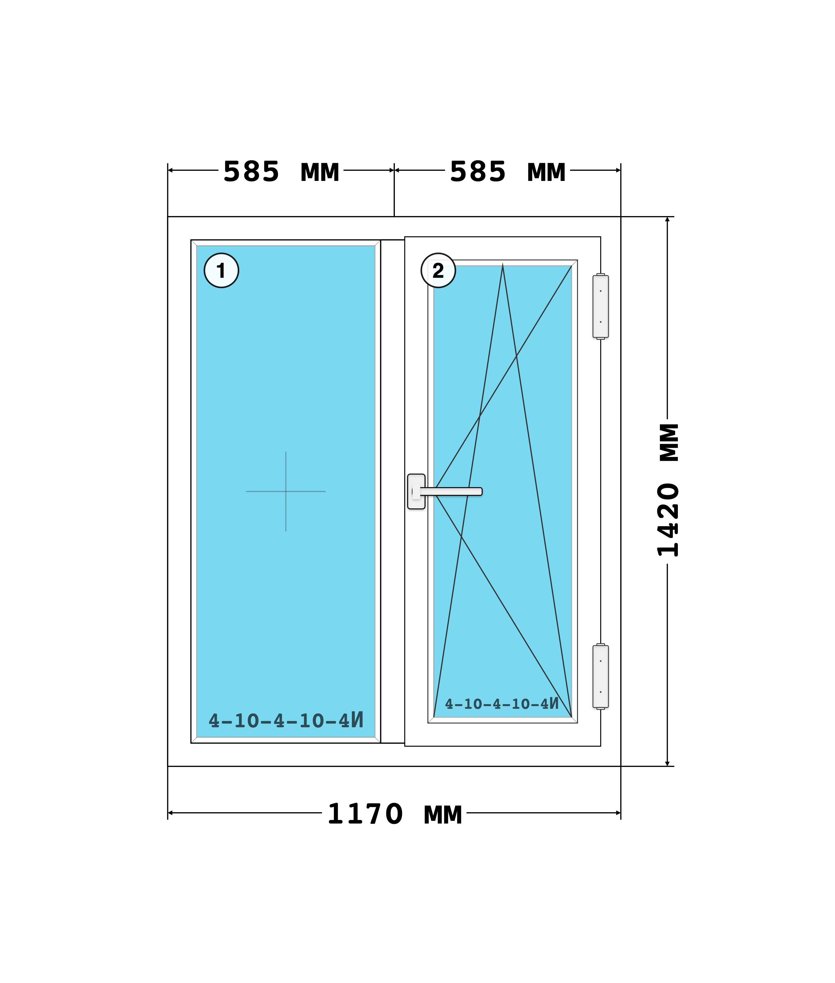Эскиз конструкции Окно 1170×1420, Rehau Blitz 60, Roto NT, Белый, 1 170 × 1 420 мм, секции 1, 2