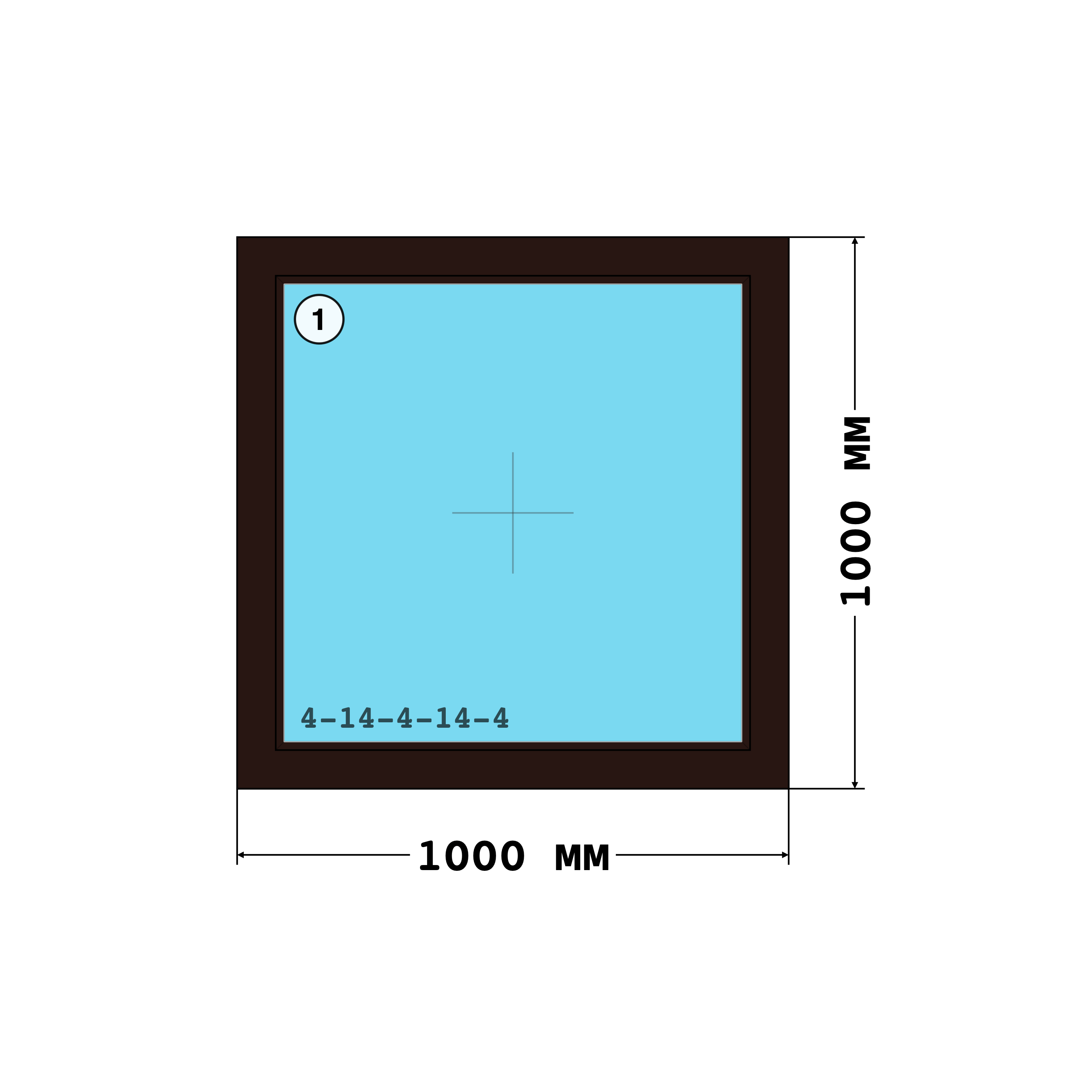 Эскиз конструкции Окно 1000×1000, KBE 70, Roto NT, Махагон UJ301-Z8, размер по раме 1 000 × 1 000 мм, с номерами секций 1