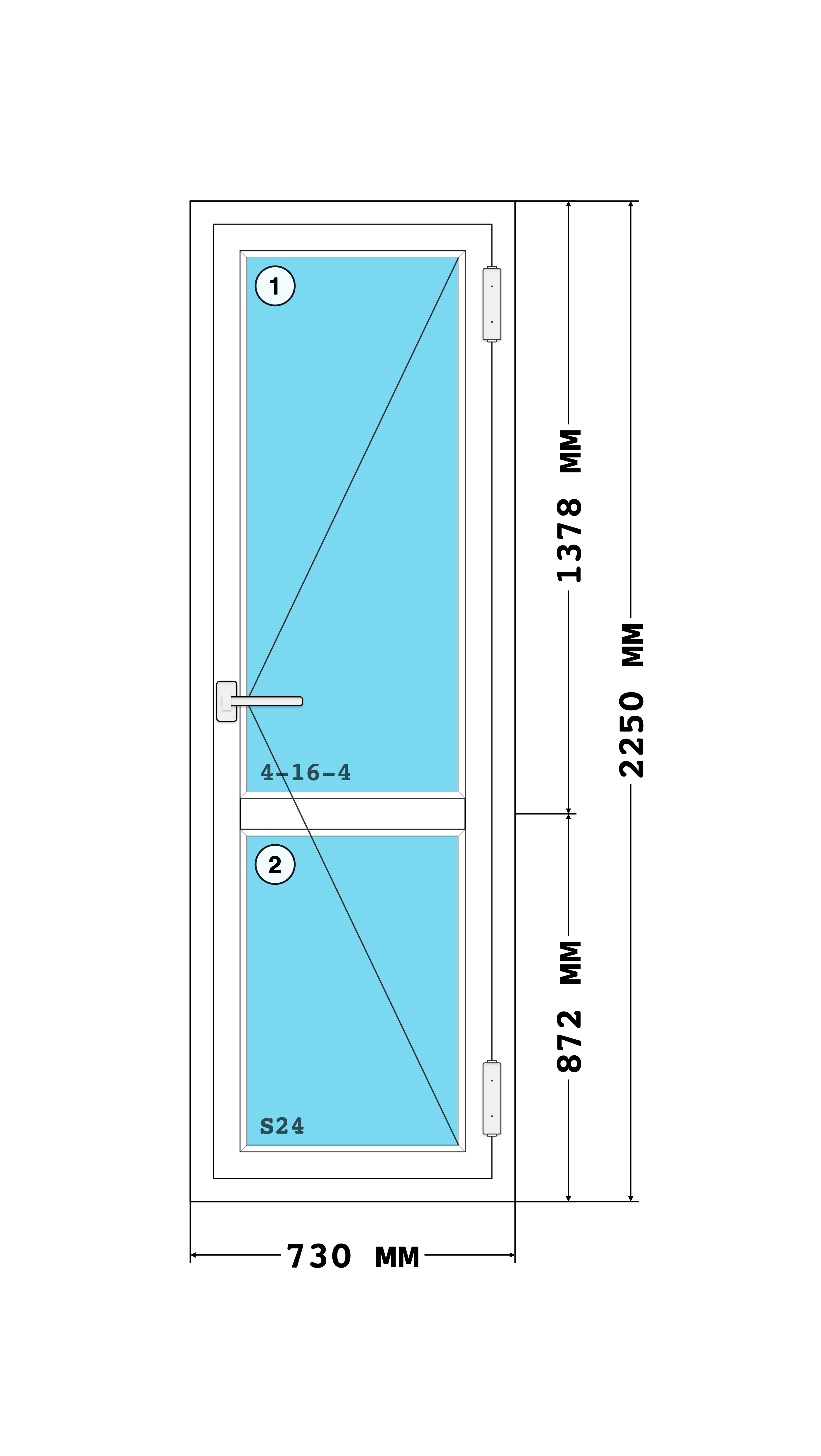 Эскиз конструкции Балконная дверь 730×2250, Melke Lite 60, Vorne, Белый, 730 × 2 250 мм, секции 1, 2