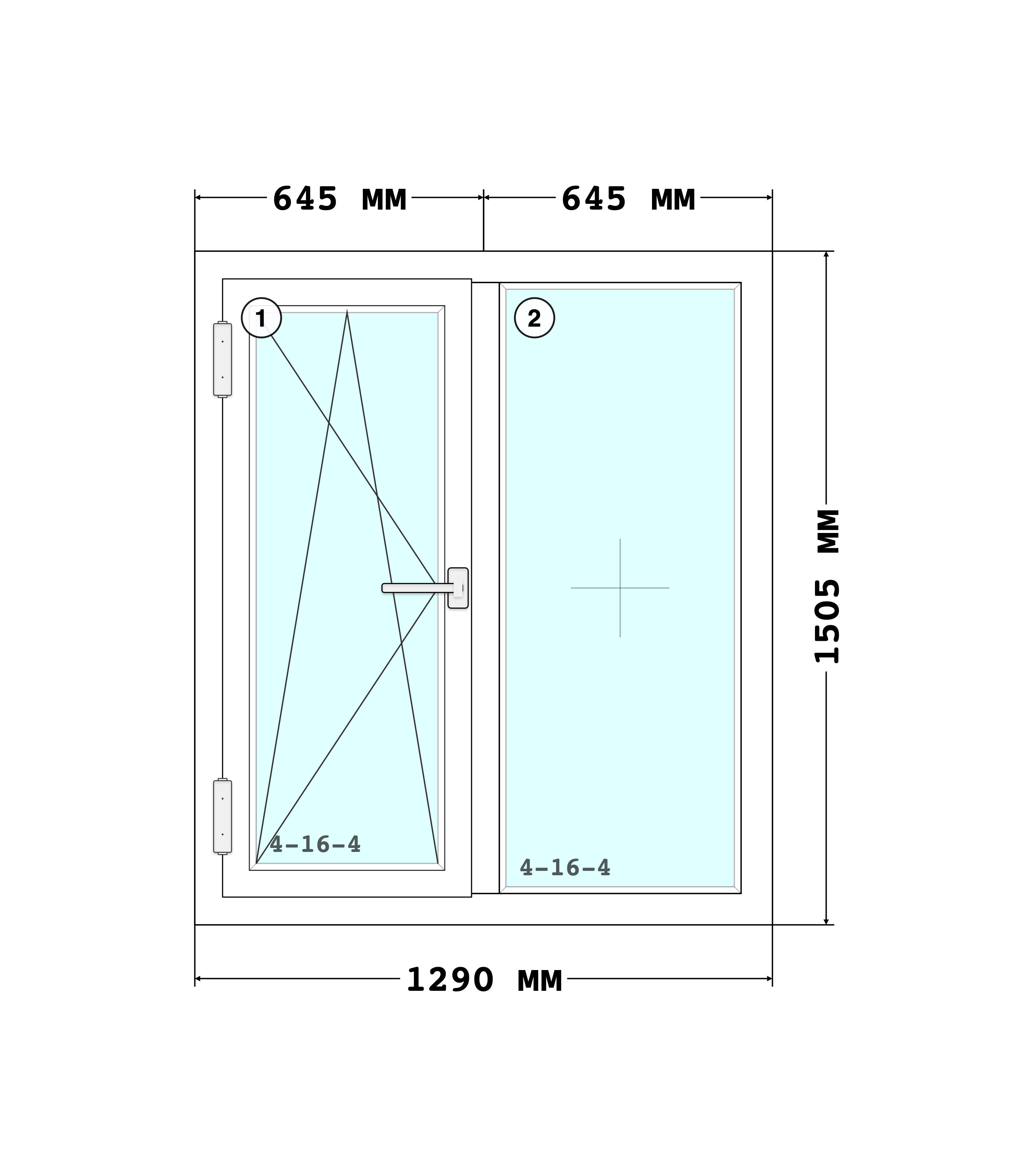 Эскиз конструкции Окно 1290×1505, Rehau Grazio 70, Roto NT, Белый, 1 290 × 1 505 мм, секции 1, 2
