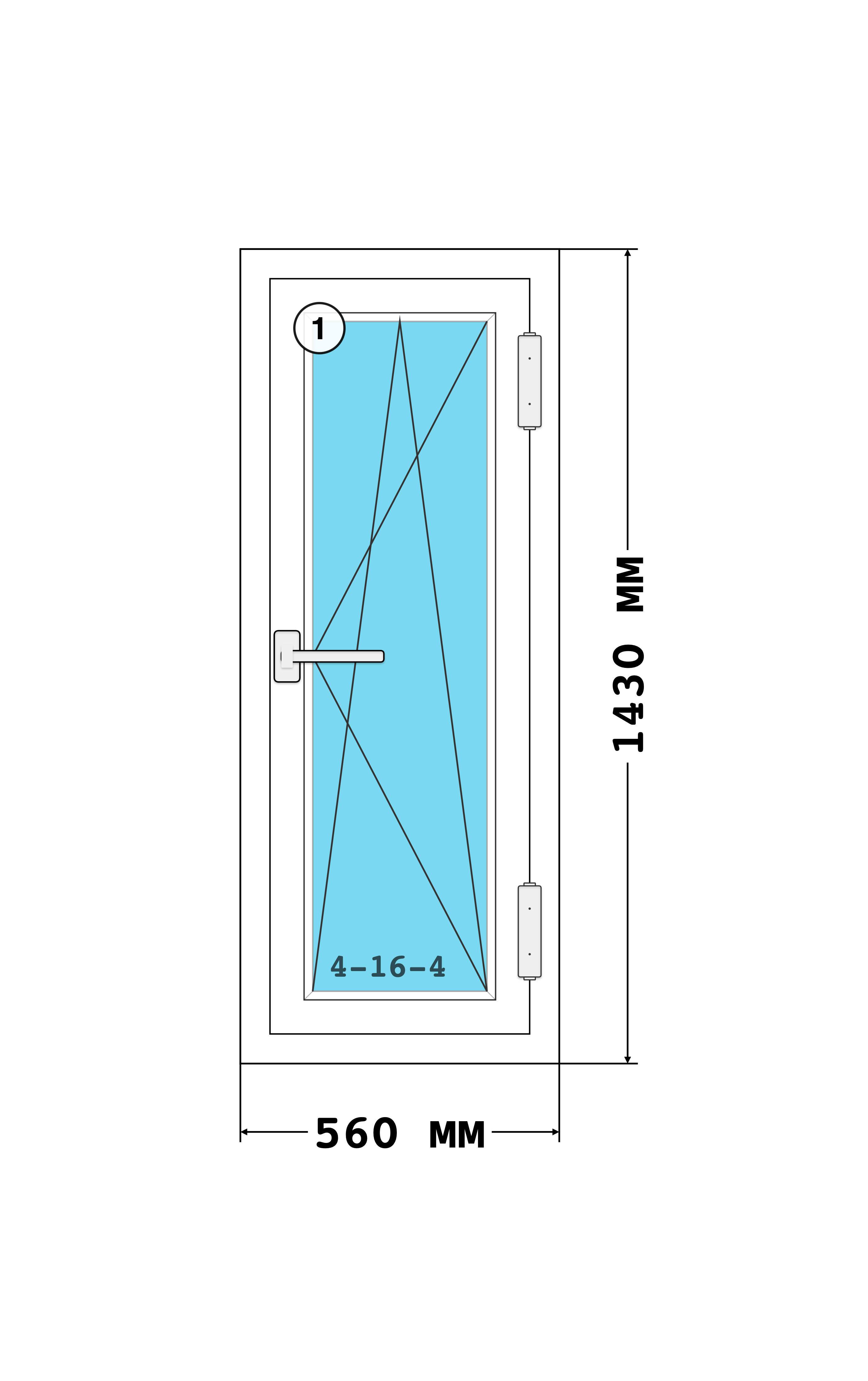 Эскиз конструкции Окно 560×1430, Rehau Blitz 60, Futuruss, Белый, 560 × 1 430 мм, секции 1