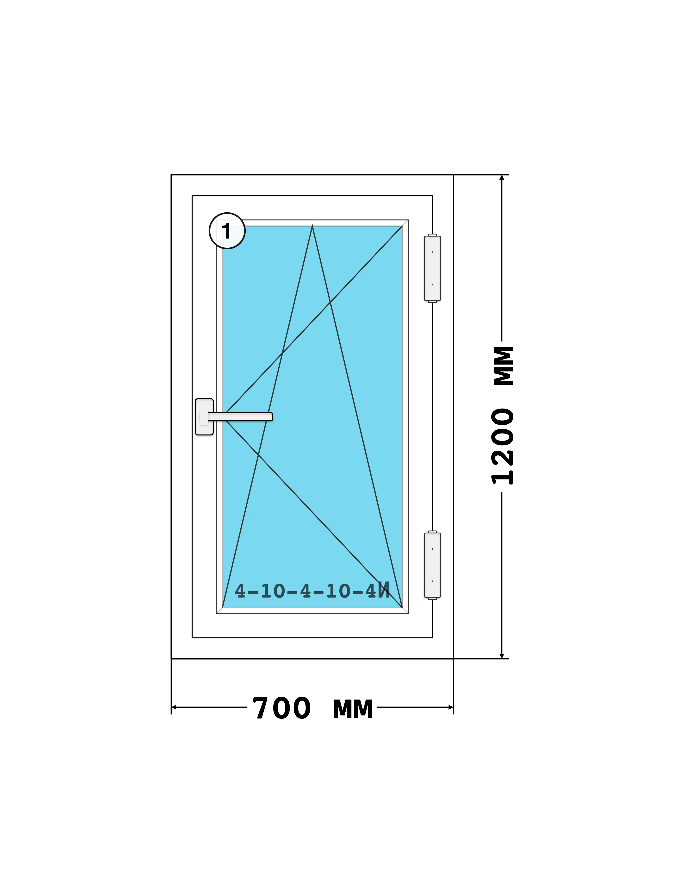 Эскиз конструкции Окно 700×1200, Melke Lite 60, Vorne, Белый, 700 × 1 200 мм, секции 1