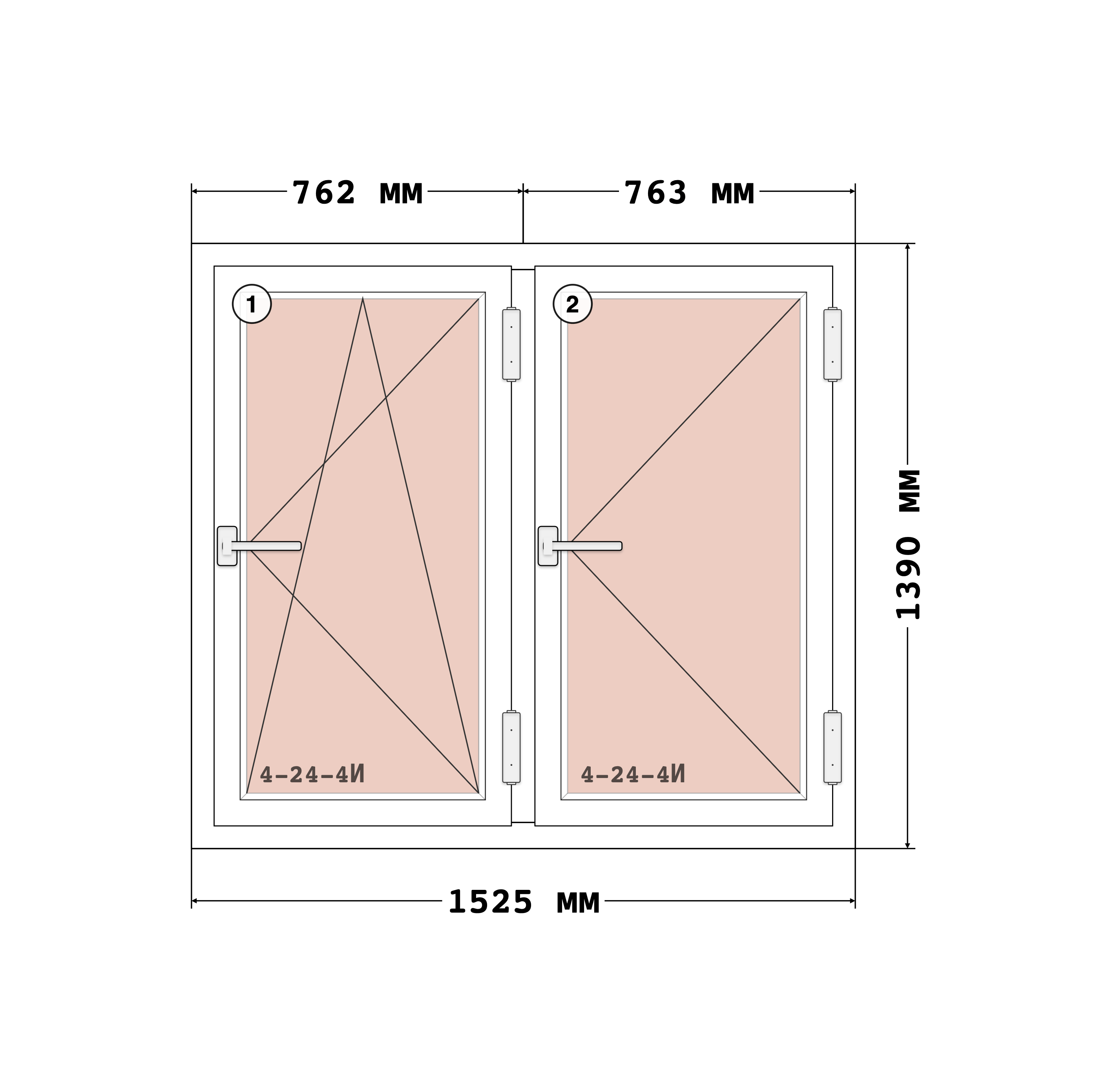 Эскиз конструкции Окно 1525×1390, Rehau Blitz 60, Roto NT, Белый, 1 525 × 1 390 мм, секции 1, 2