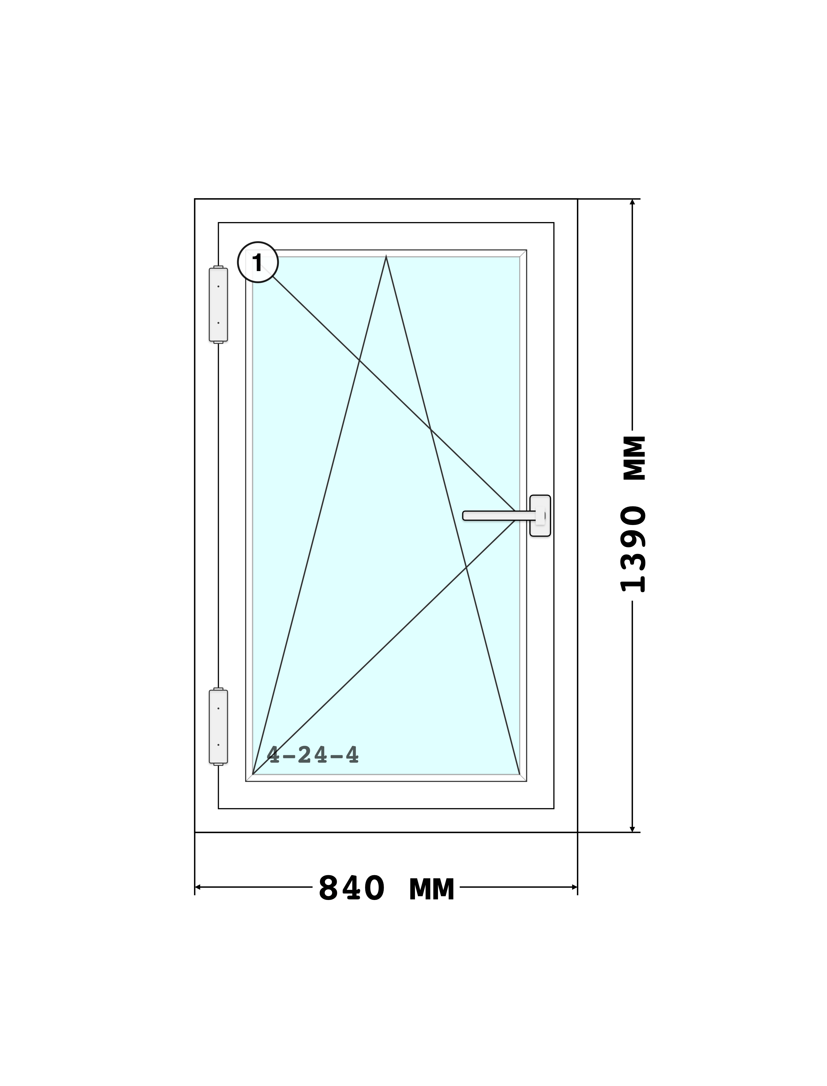 Эскиз конструкции Окно 840×1390, Rehau Blitz 60, Roto NT, Белый, 840 × 1 390 мм, секции 1