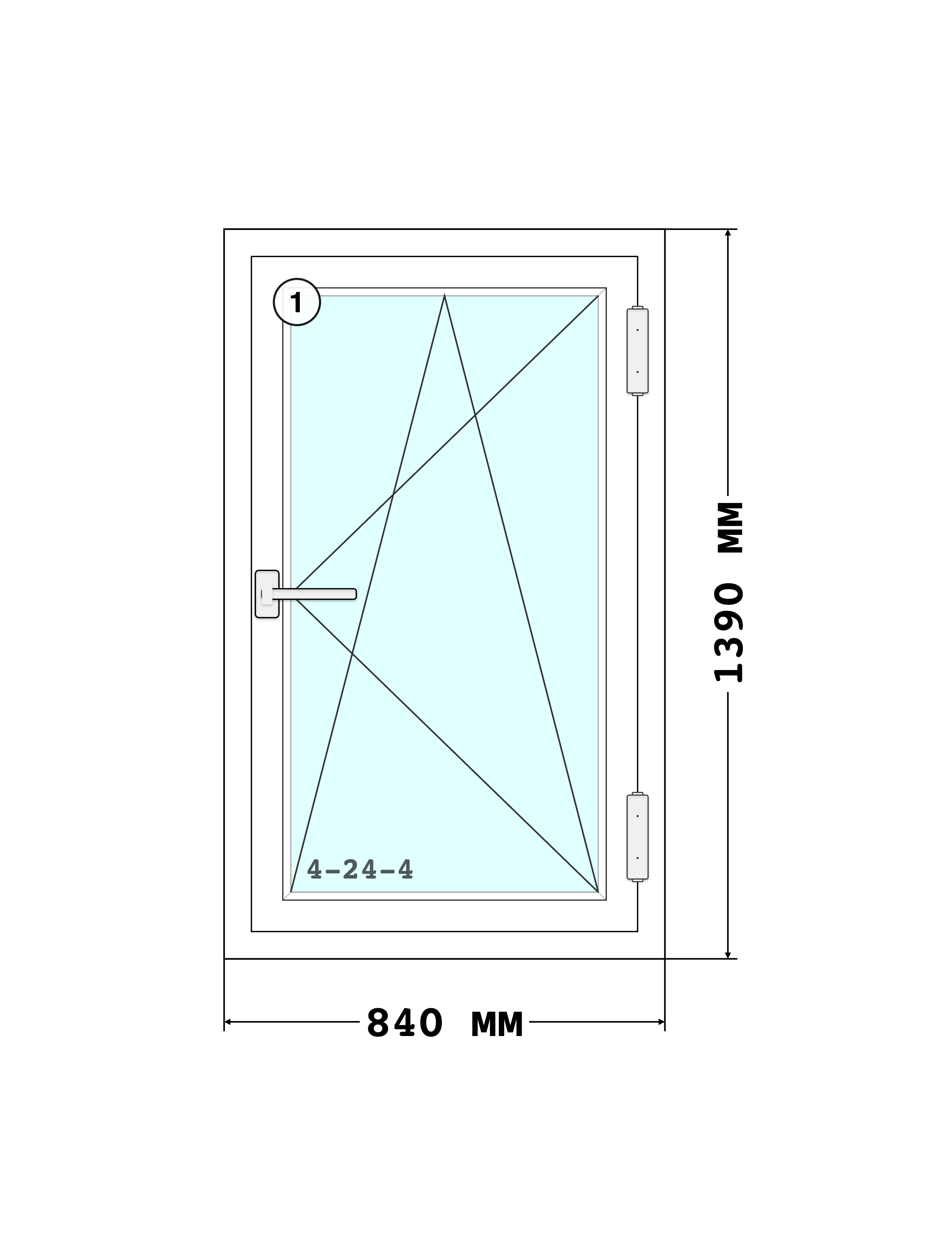 Эскиз конструкции Окно 840×1390, Rehau Blitz 60, Roto NT, Белый, 840 × 1 390 мм, секции 1