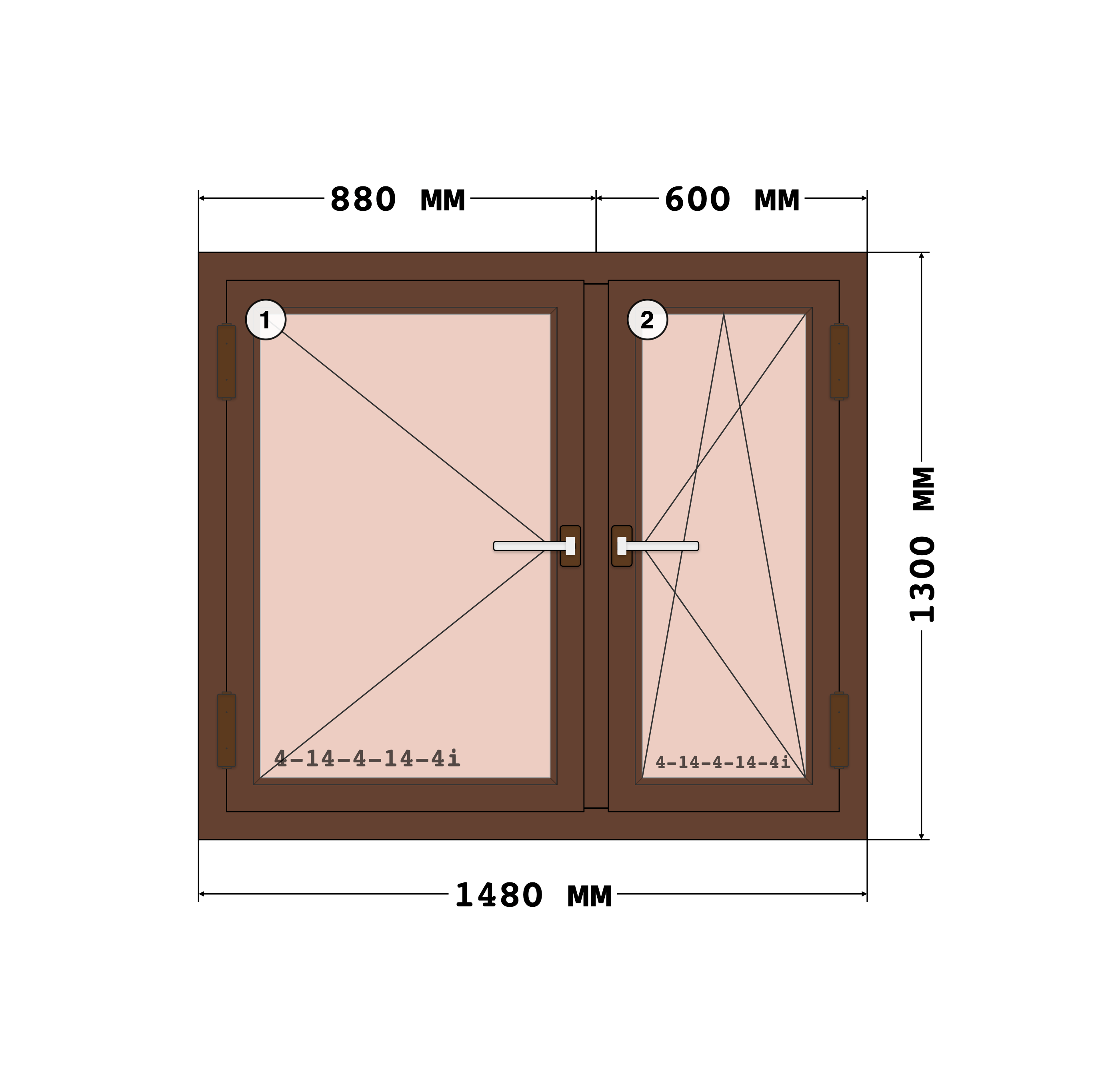 Эскиз конструкции Окно 1480×1300, Rehau Delight 70, Roto NT, Снаружи: Белый · внутри: Золотой дуб UK101-Z8, 1 480 × 1 300 мм, секции 1, 2