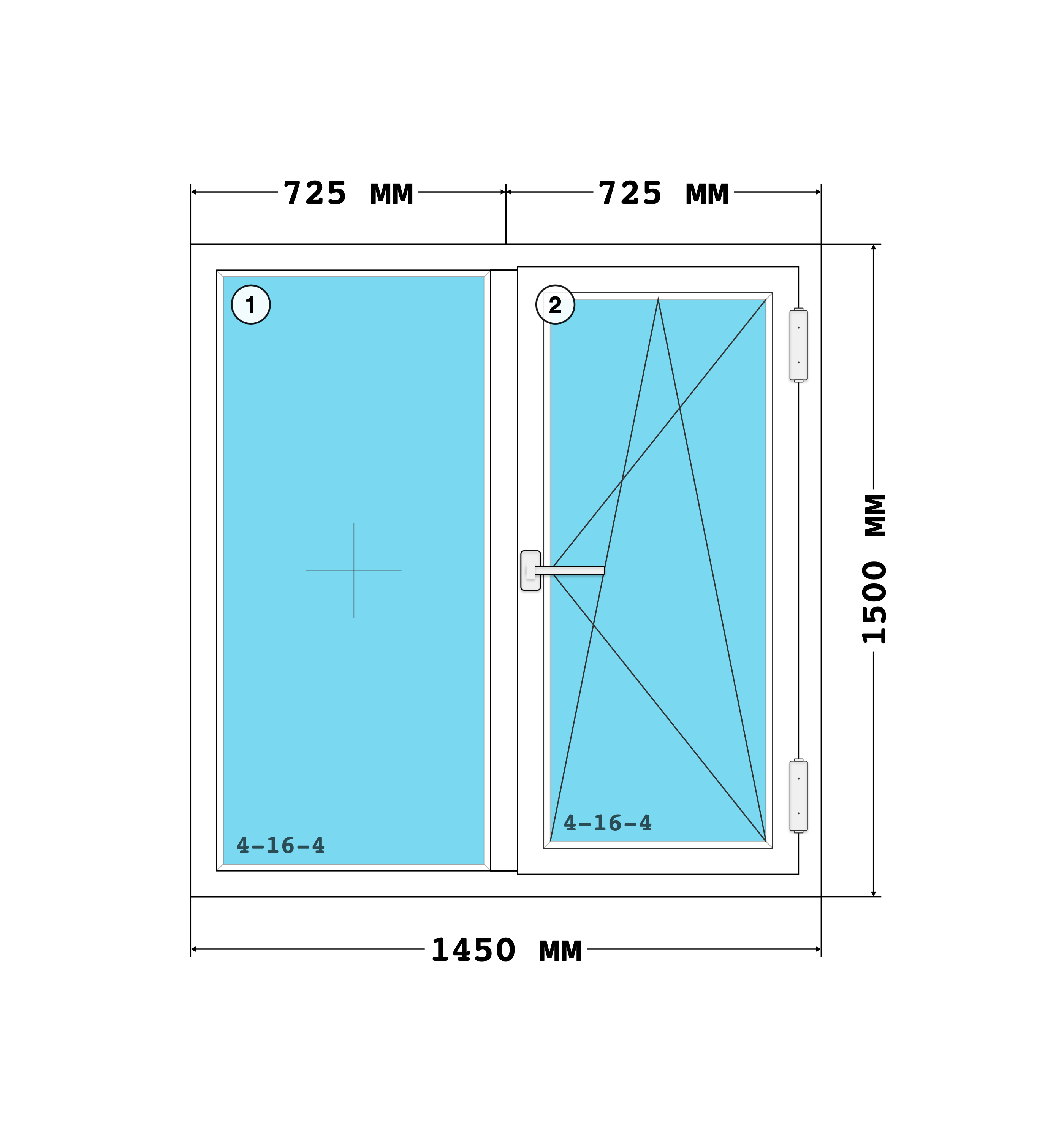 Эскиз конструкции Окно 1450×1500, Melke Lite 60, Vorne, Белый, 1 450 × 1 500 мм, секции 1, 2