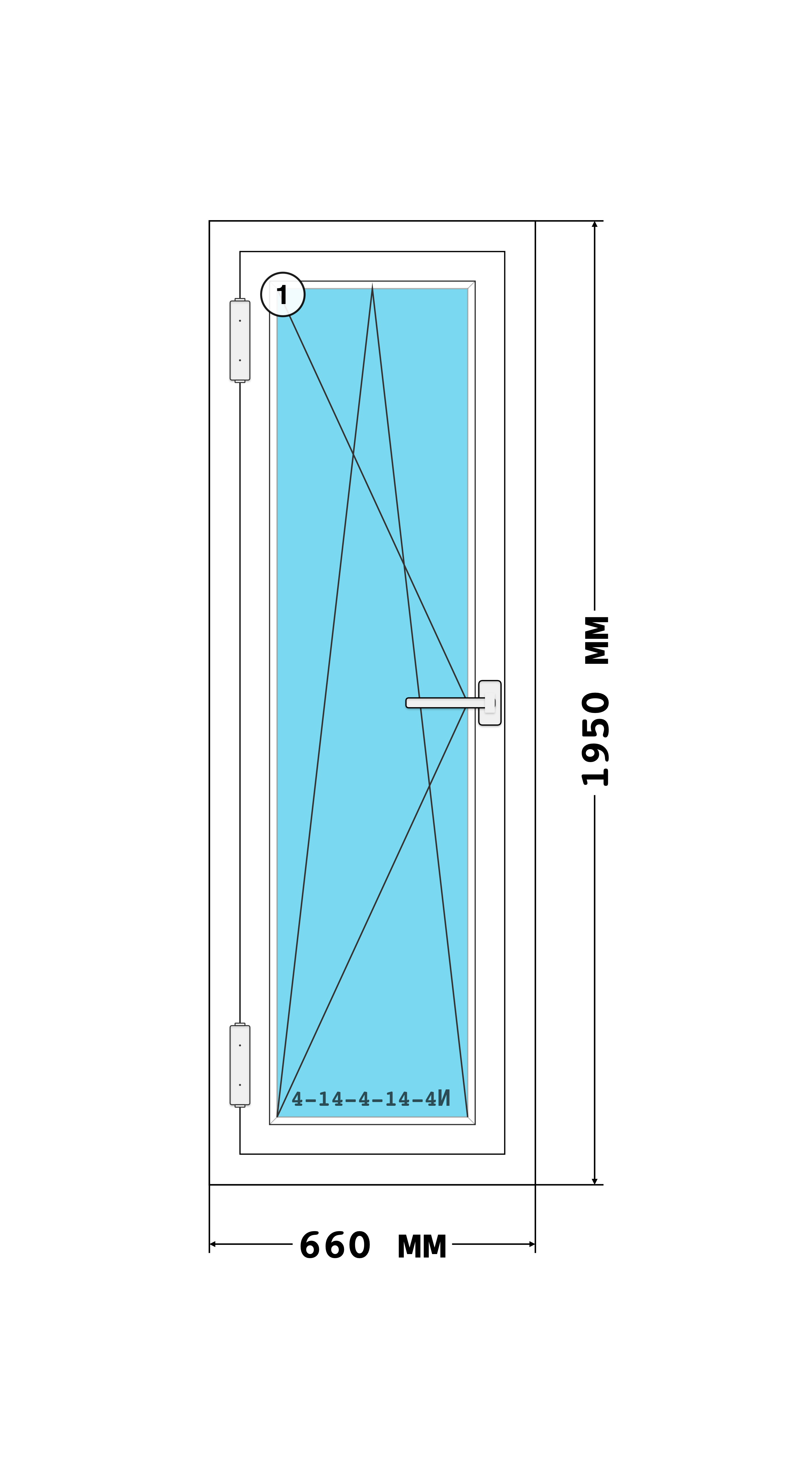 Эскиз конструкции Окно 660×1950, Melke Lite 70, Roto NX, Белый, размер по раме 660 × 1 950 мм, с номерами секций 1