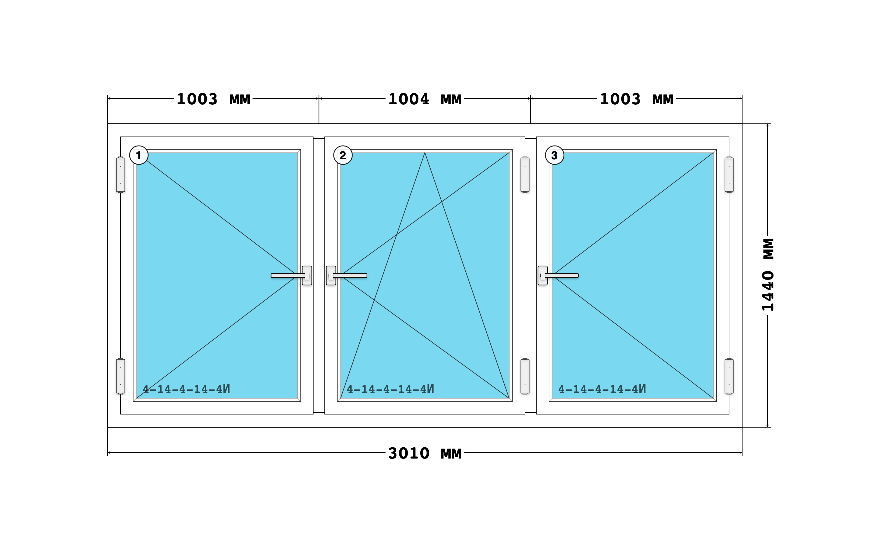 Эскиз конструкции Окно 3010×1440, Melke Lite 70, Roto NX, Белый, размер по раме 3 010 × 1 440 мм, с номерами секций 1, 2, 3