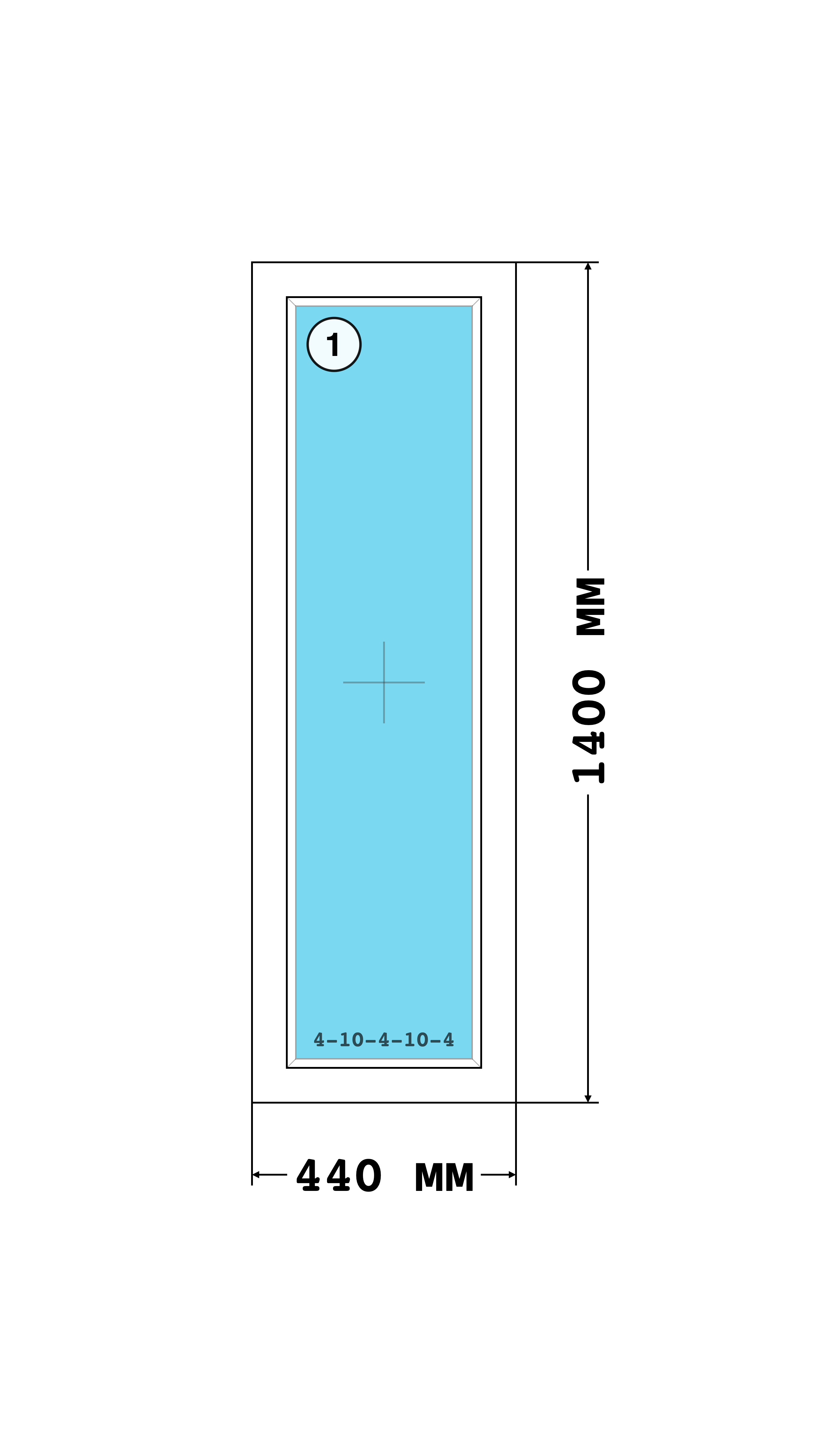 Эскиз конструкции Окно 440×1400, KBE 58, Roto NX, Белый, размер по раме 440 × 1 400 мм, с номерами секций 1