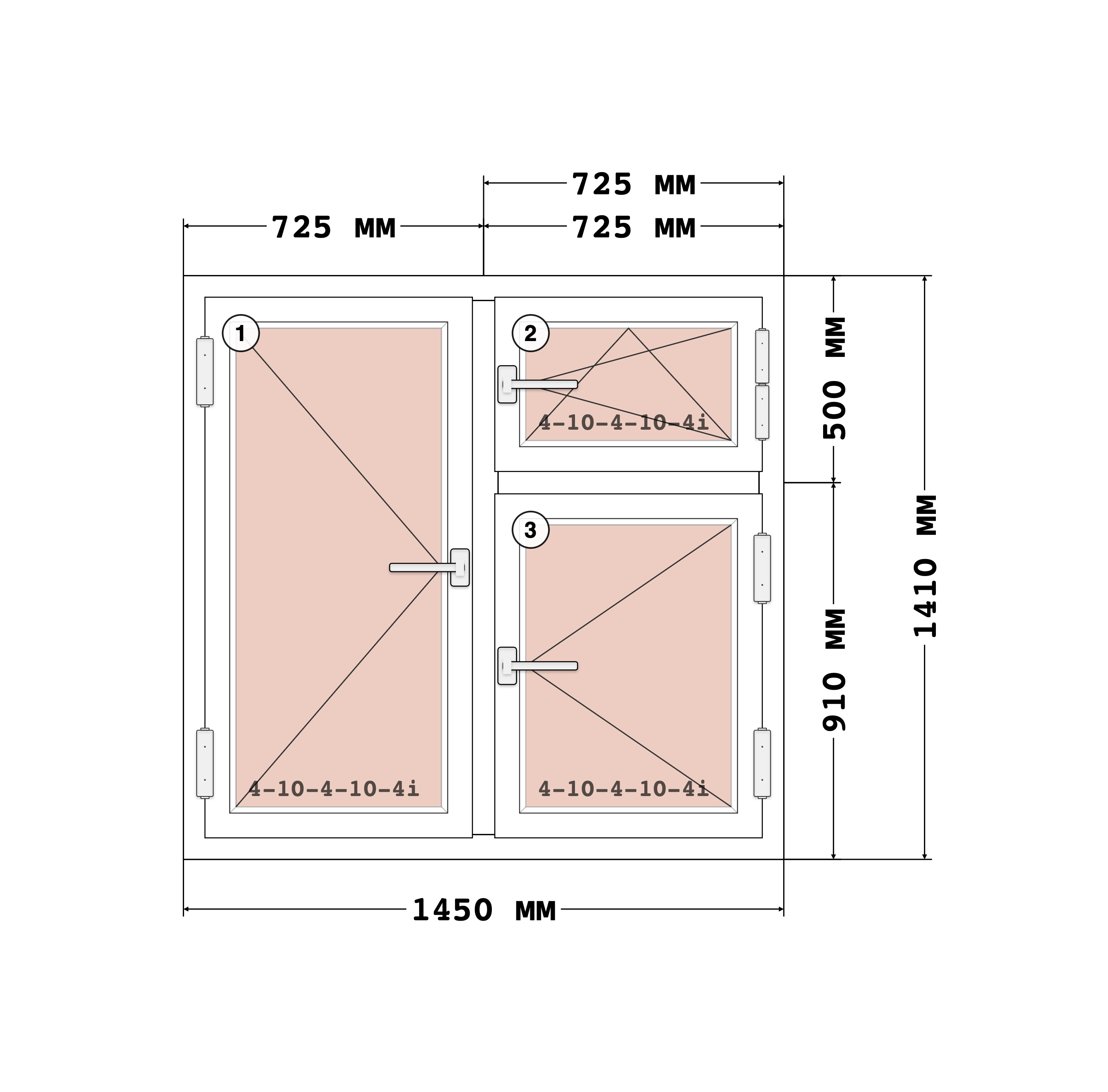 Эскиз конструкции Окно 1450×1410, Rehau Blitz 60, Roto NT, Белый, 1 450 × 1 410 мм, секции 1, 2, 3