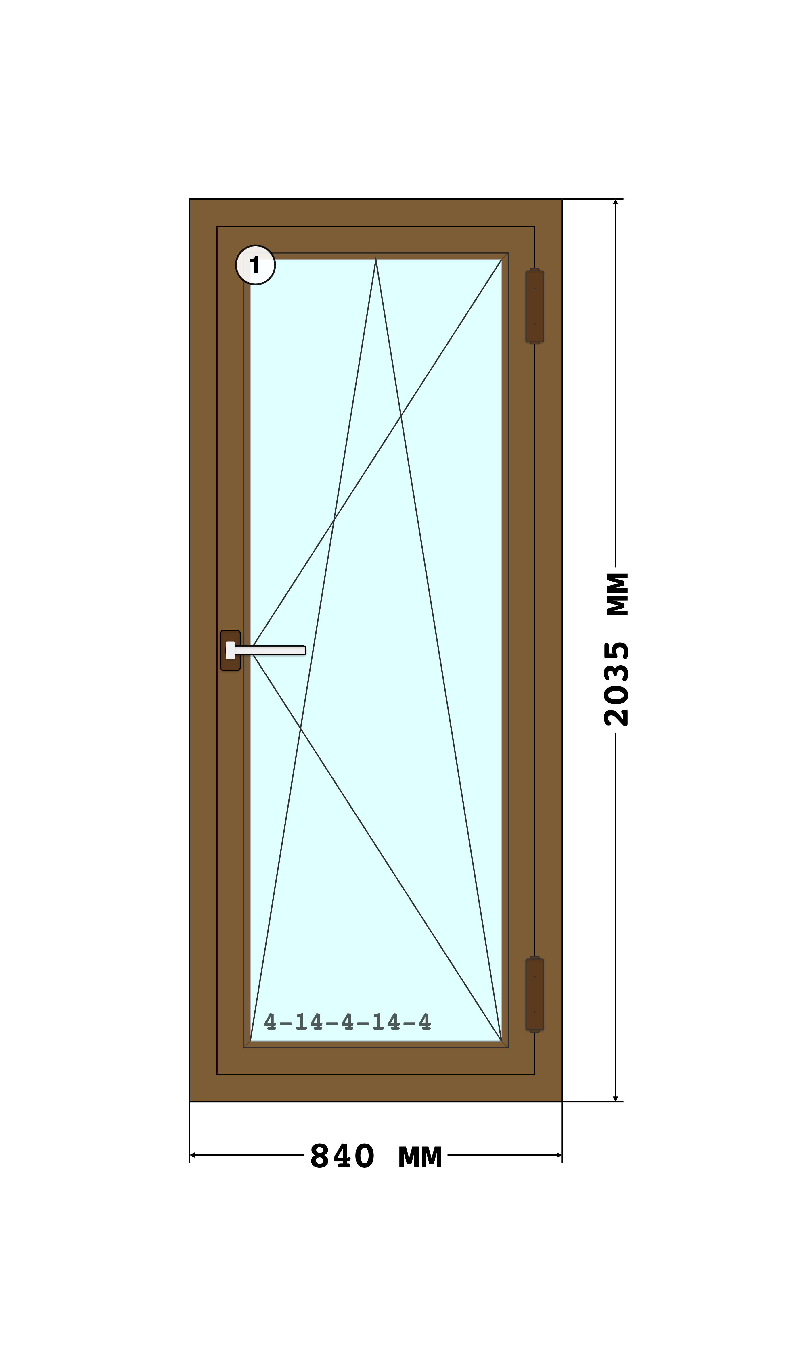 Эскиз конструкции Окно 840×2035, Rehau Delight 70, Futuruss, Винтажная сосна B2303-G7, 840 × 2 035 мм, секции 1
