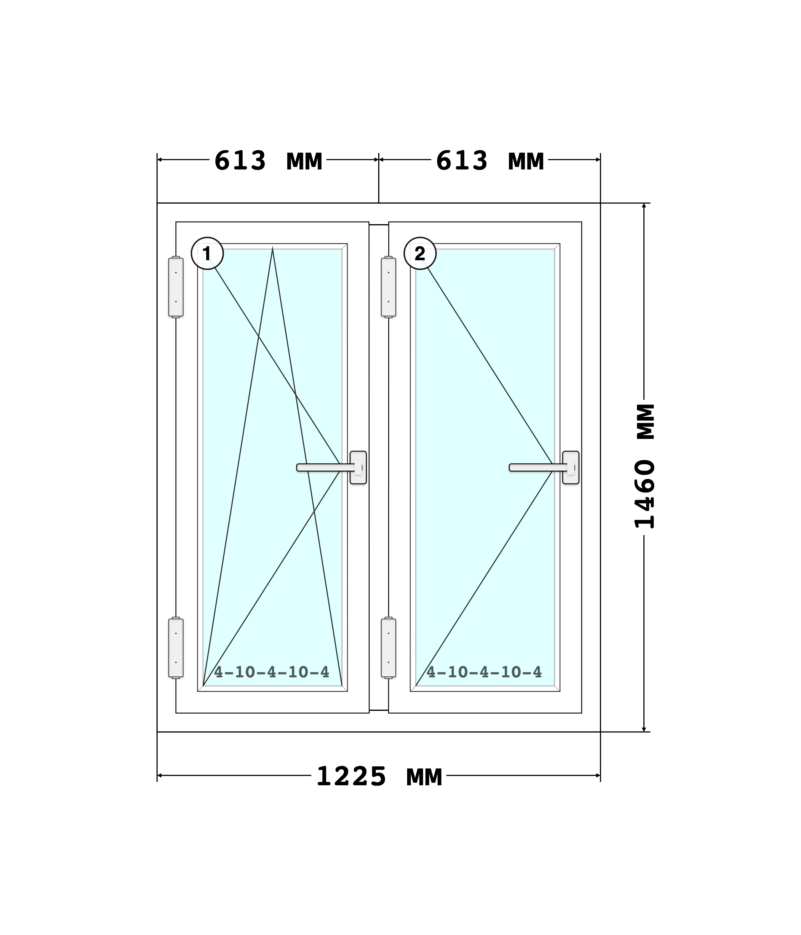 Эскиз конструкции Окно 1225×1460, Rehau Blitz 60, Roto NT, Белый, 1 225 × 1 460 мм, секции 1, 2