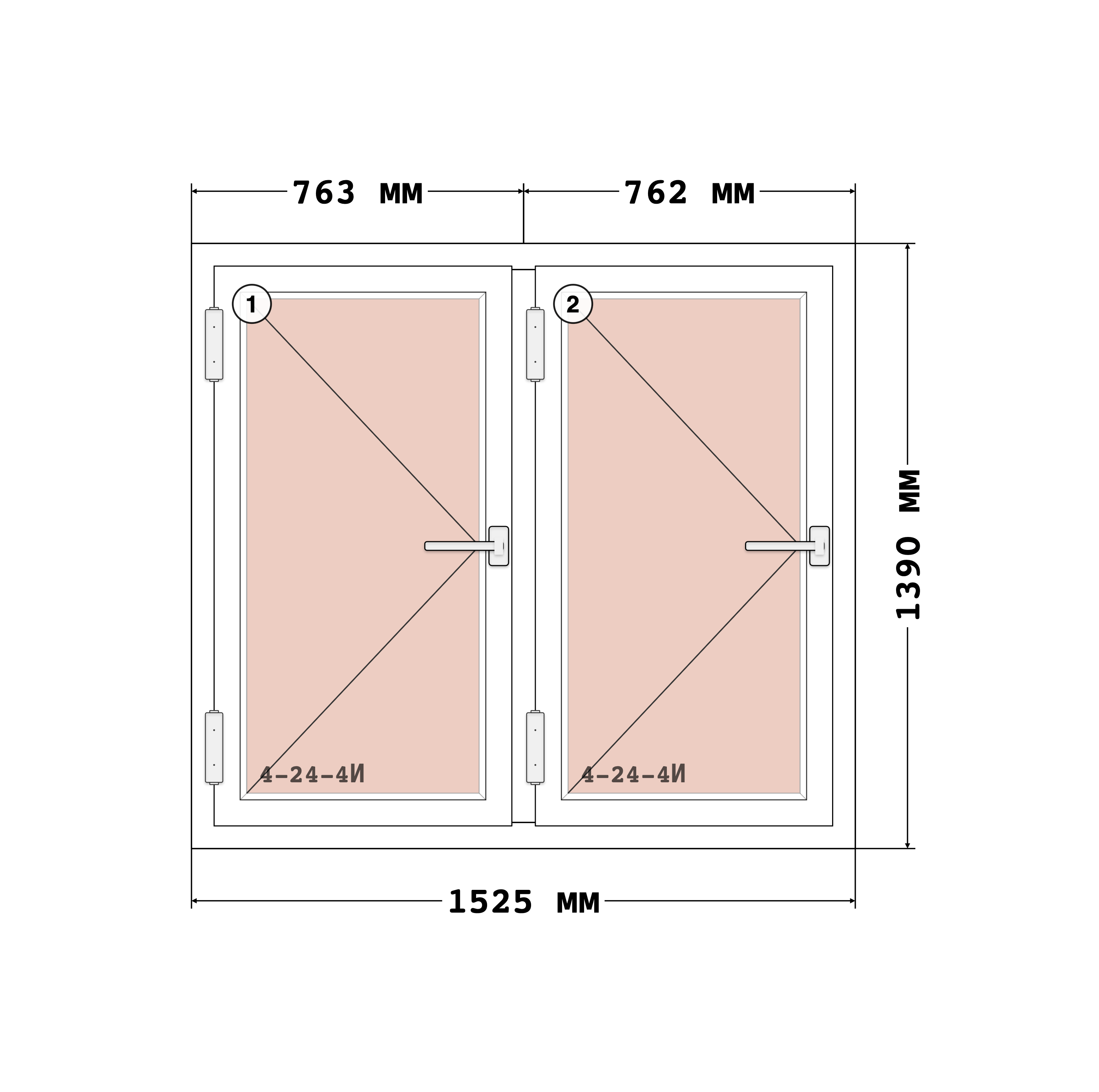 Эскиз конструкции Окно 1525×1390, Rehau Blitz 60, Roto NT, Белый, 1 525 × 1 390 мм, секции 1, 2