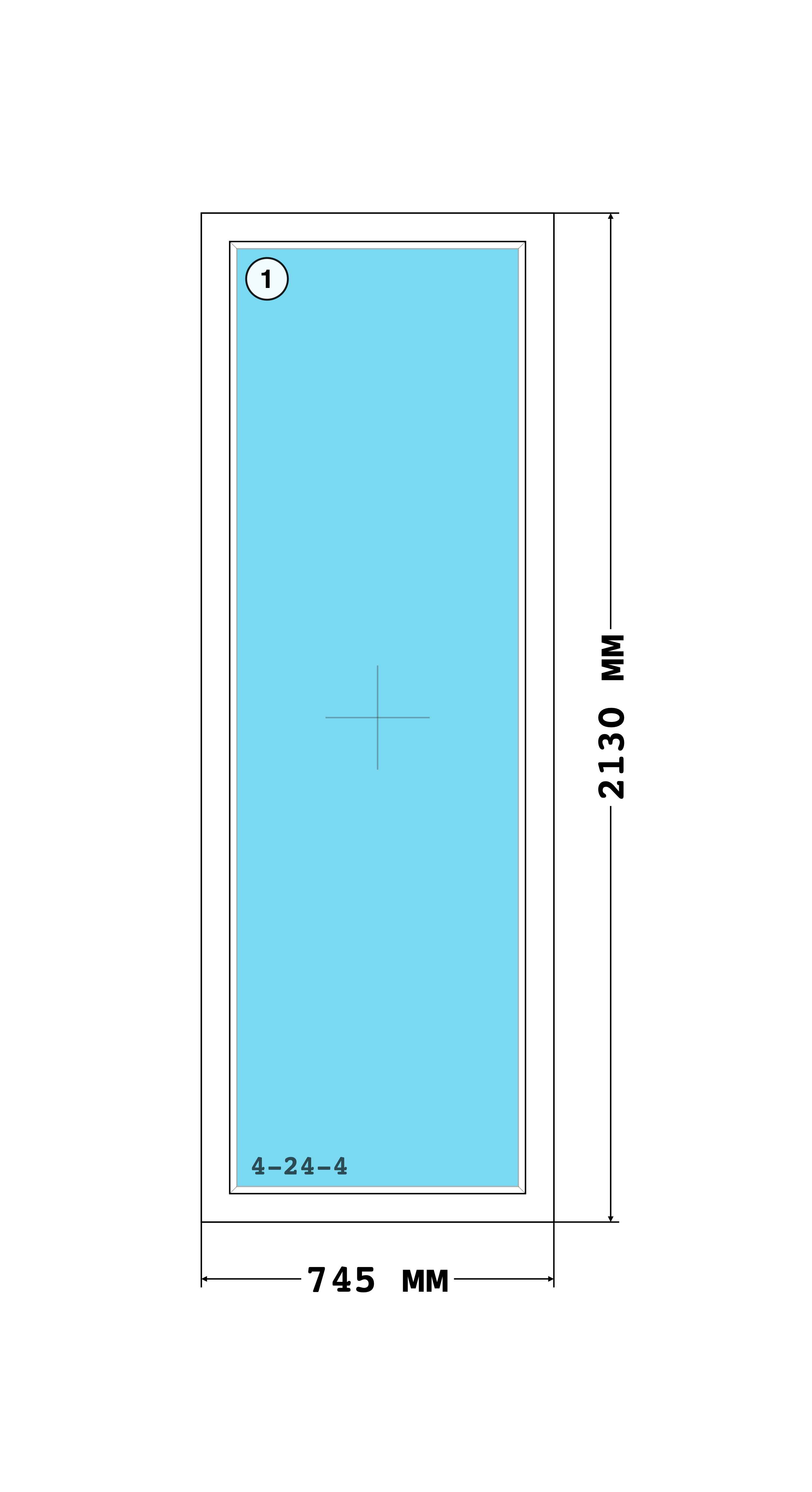 Эскиз конструкции Окно 745×2130, Melke Lite 60, Vorne, Белый, 745 × 2 130 мм, секции 1