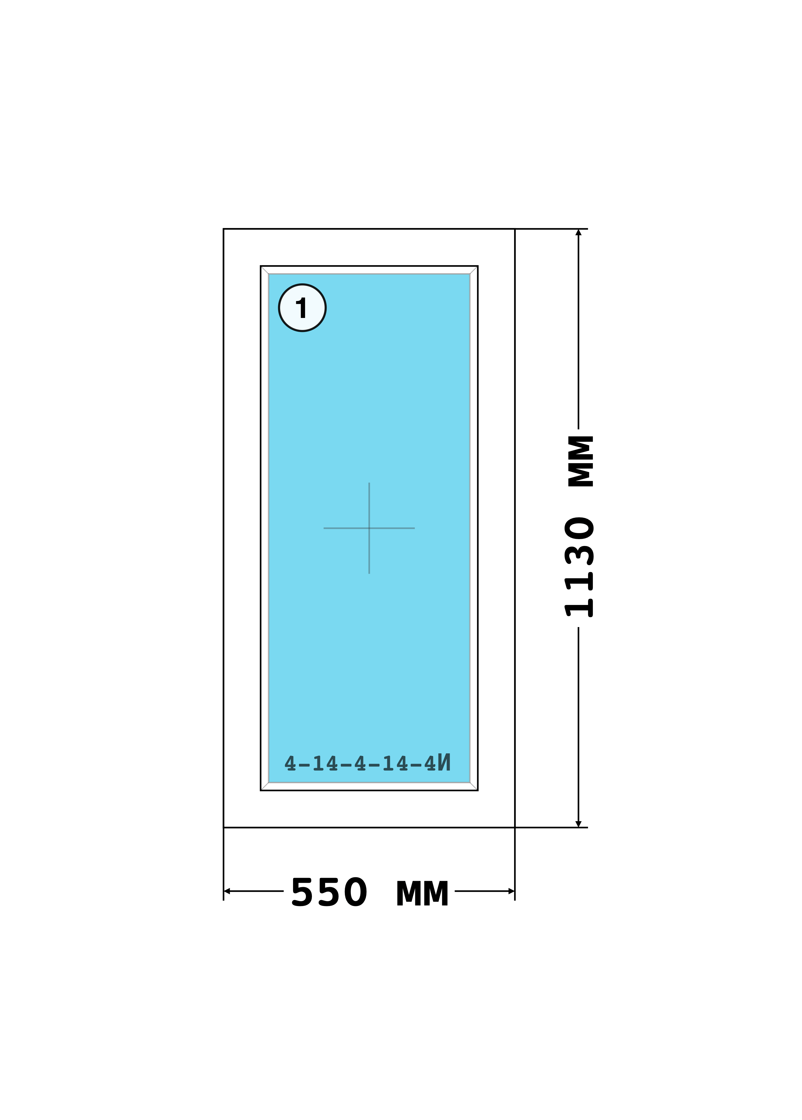 Эскиз конструкции Окно 550×1130, Melke Lite 70, Vorne, Снаружи: Шоколадно-коричневый ульти-мат KDB75-6H · внутри: Белый, размер по раме 550 × 1 130 мм, с номерами секций 1