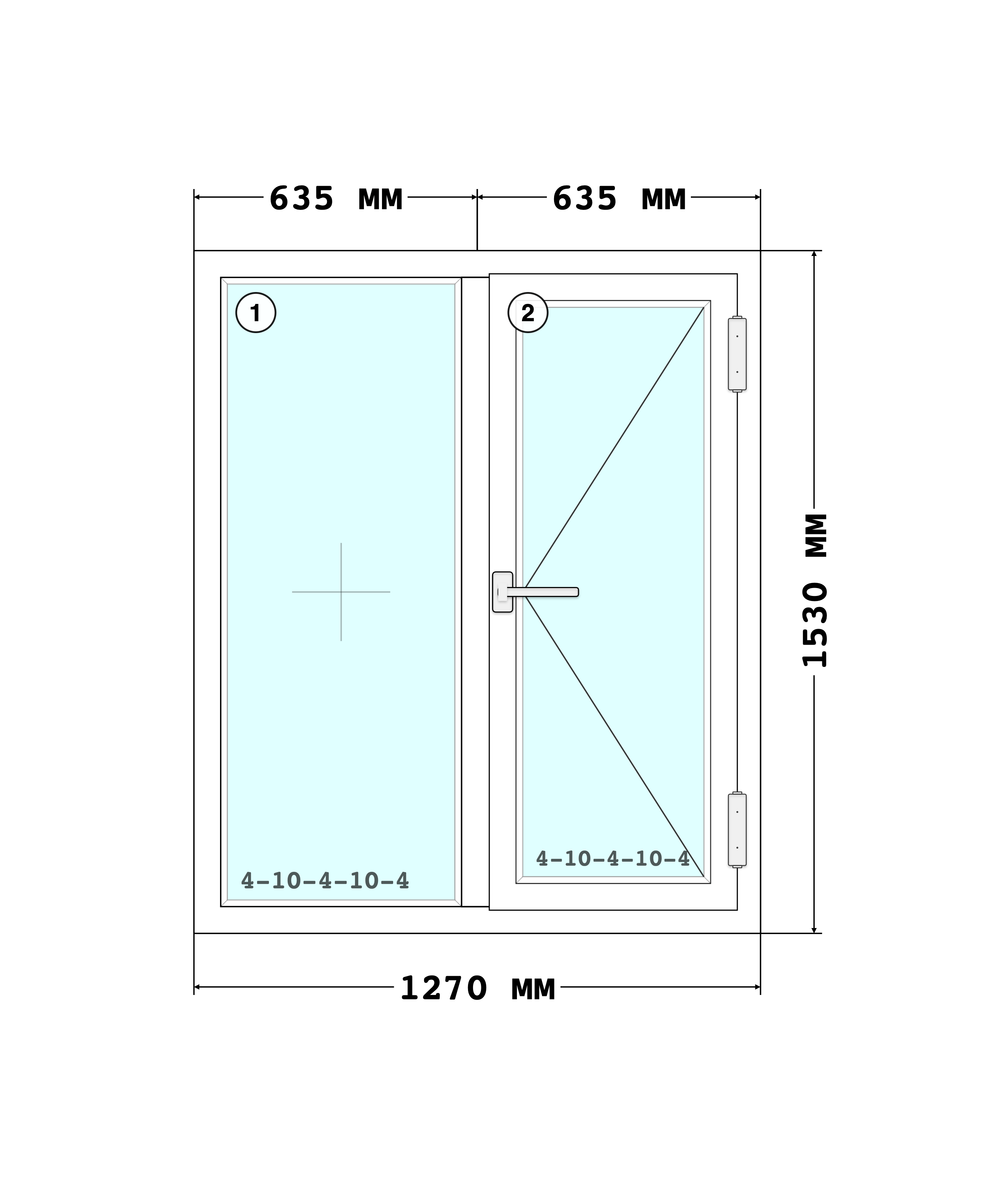 Эскиз конструкции Окно 1270×1530, Rehau Blitz 60, Roto NT, Белый, 1 270 × 1 530 мм, секции 1, 2
