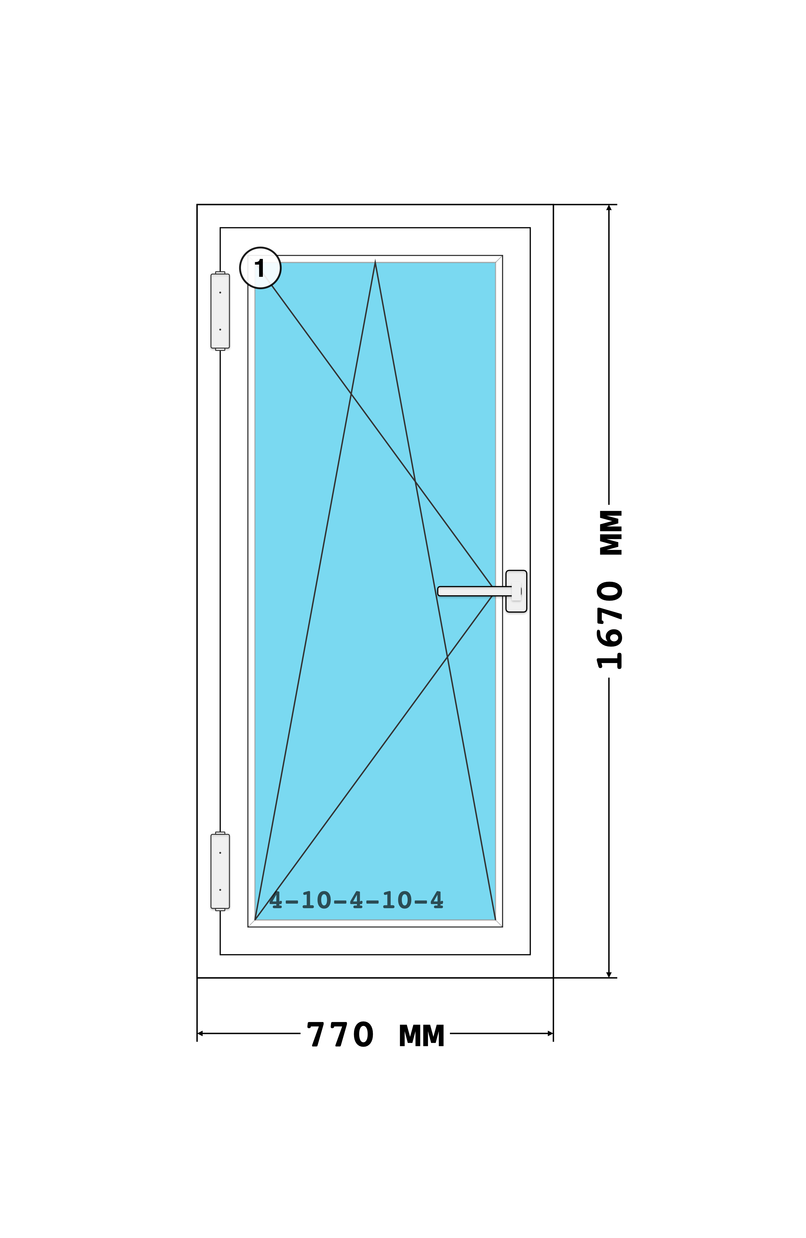 Эскиз конструкции Окно 770×1670, KBE 58, Стандарт, Белый, размер по раме 770 × 1 670 мм, с номерами секций 1