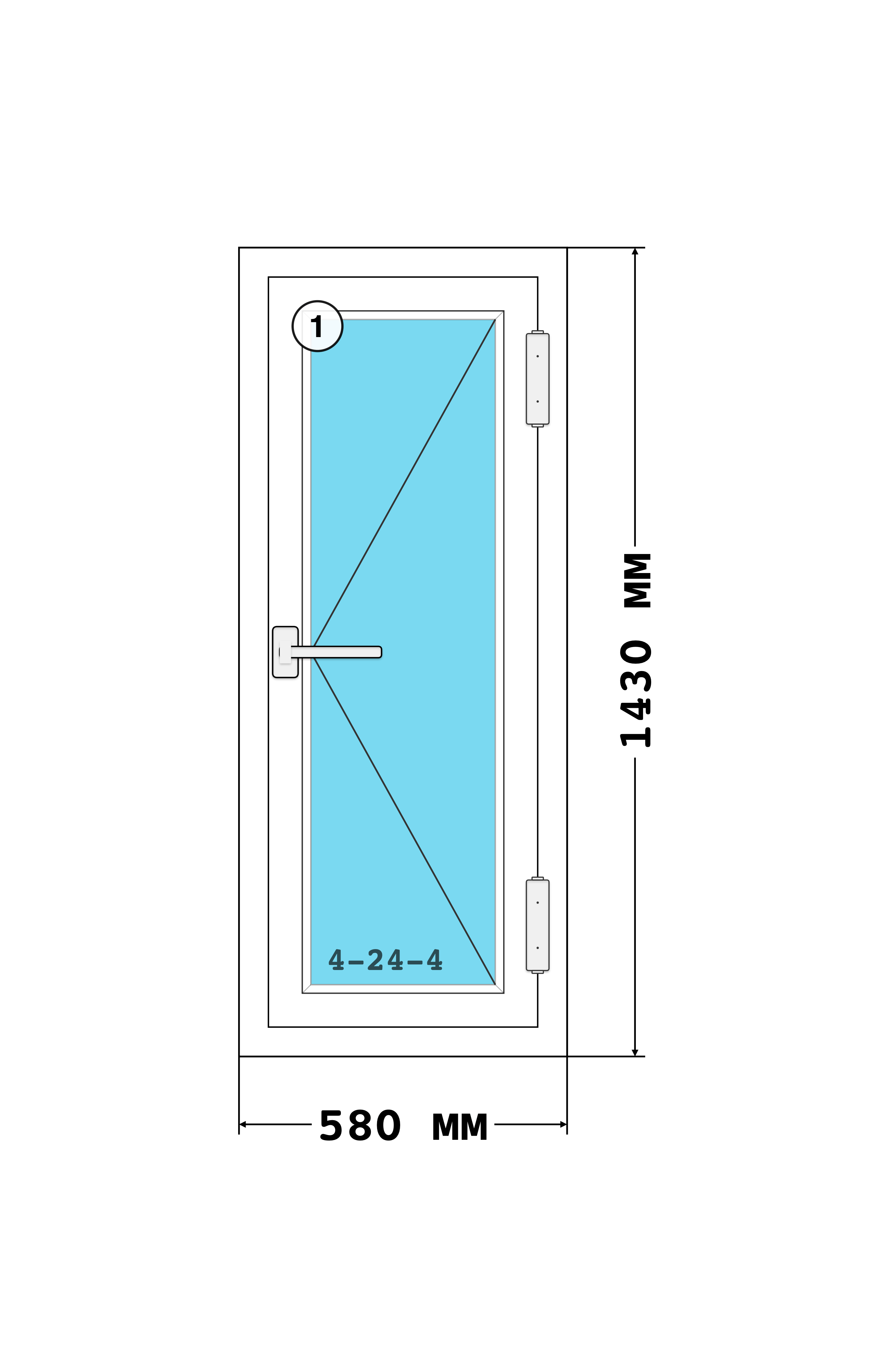 Эскиз конструкции Окно 580×1430, Melke Lite 60, Vorne, Белый, 580 × 1 430 мм, секции 1